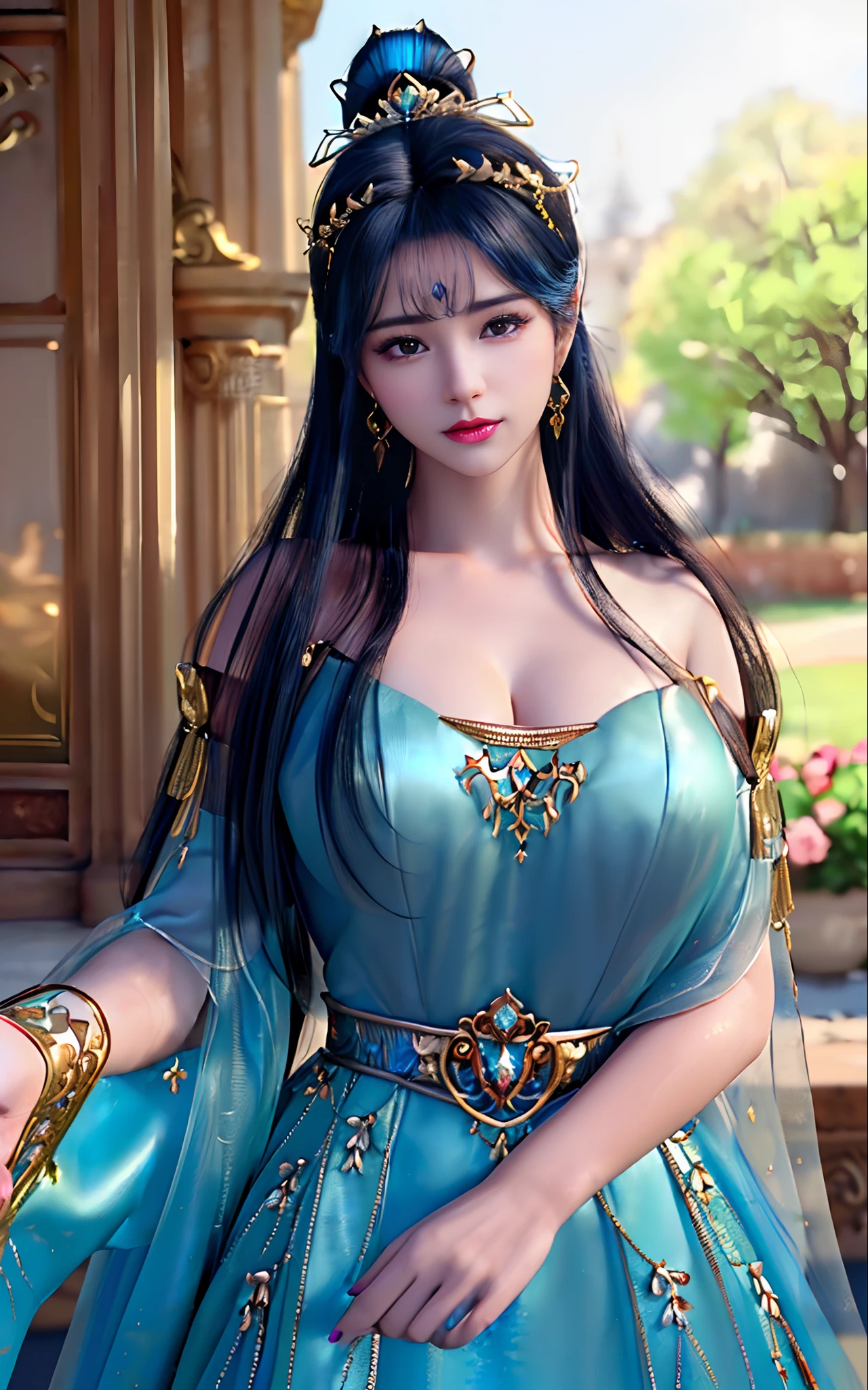 ((realisticity: 1.2)), ((best resolution: 8K UHD)), best quality,masterpiece,highres,cg,
((1 super detailed and super realistic girl)), ((very beautiful queen dazzling, super realistic, and super detailed)),((white skin, beautiful, smooth, youthful, super realistic and super detailed
)), long hair, ((super realistic and super detailed dress)), solo, ((super realistic, super beautiful, gorgeous and super detailed jewelry)), ((super beautiful, super realistic and super detailed dark red and golden yellow dress)),
((super beautiful, super realistic, super detailed diamond filled earrings)),
((super beautiful, super realistic and super detailed diamond filled hair ornament)), ((super beautiful upper body, super beautiful, super realistic and super detailed)), ((big breasts: 2.5)),
((super grand, super realistic and super detailed royal palace backgroun))
((super beautiful, super beautiful, super realistic and super detailed hair bun)), ((super beautiful, super realistic and super detailed blue hair)),
candid, Photograph, high resolution, 8k,Bokeh,