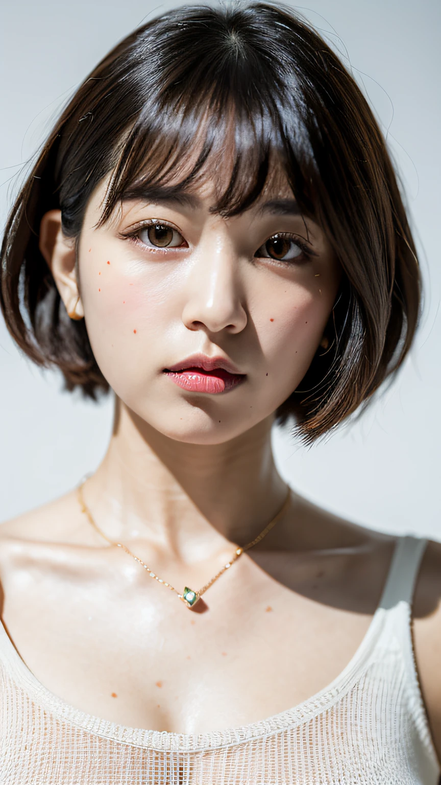 (Best quality, 8k, 32k, Masterpiece, UHD:1.2),Photo of Pretty Japanese woman, large breasts, very short bob hair,upper body,face focus,oversized_sweater, necklace, simple background, from above, looking at viewer,