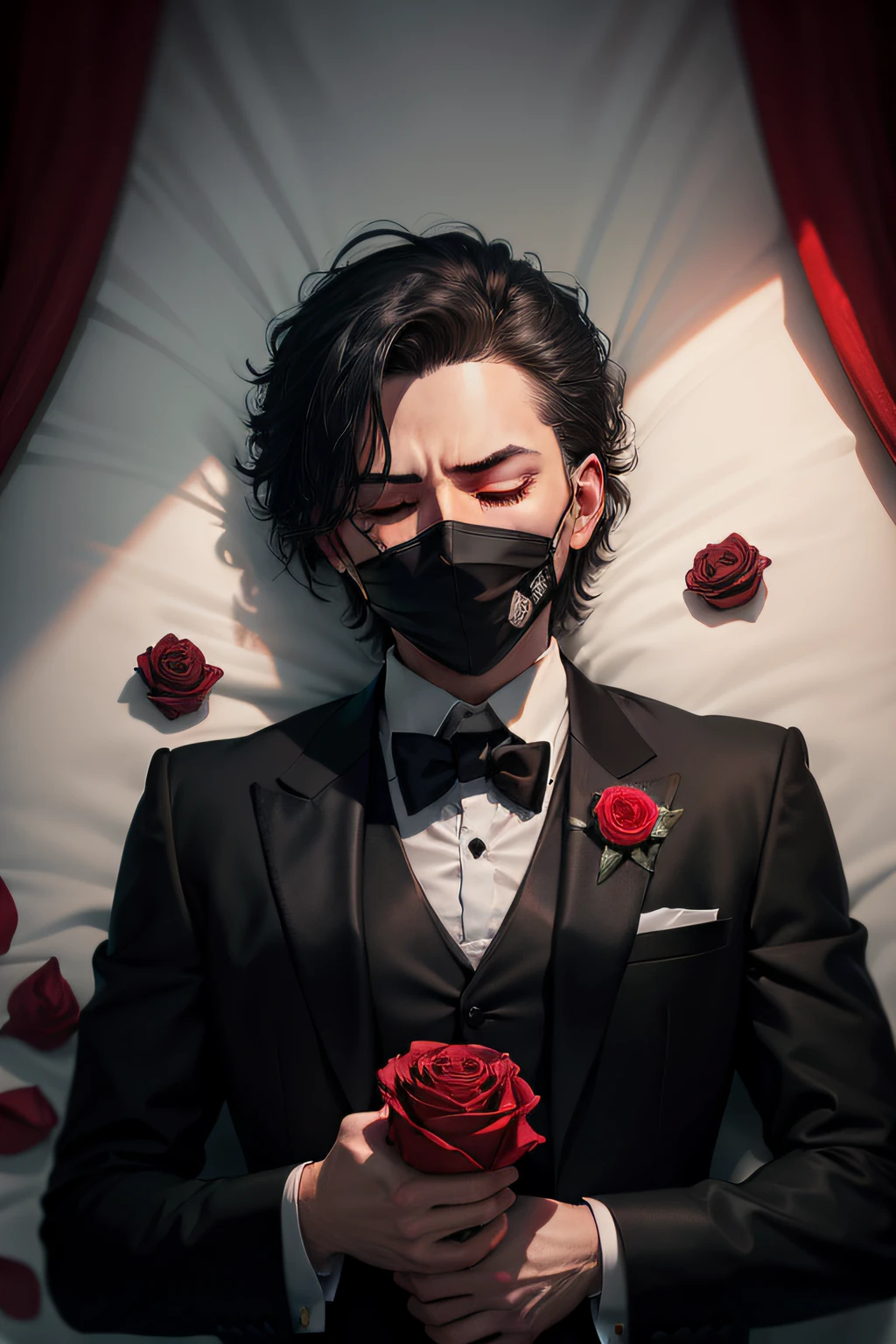 dead man on his bed with eyes closed in black tuxedo and black mask covering his face and red rose in his left pocket dark room with candlelight and rose petals over his body