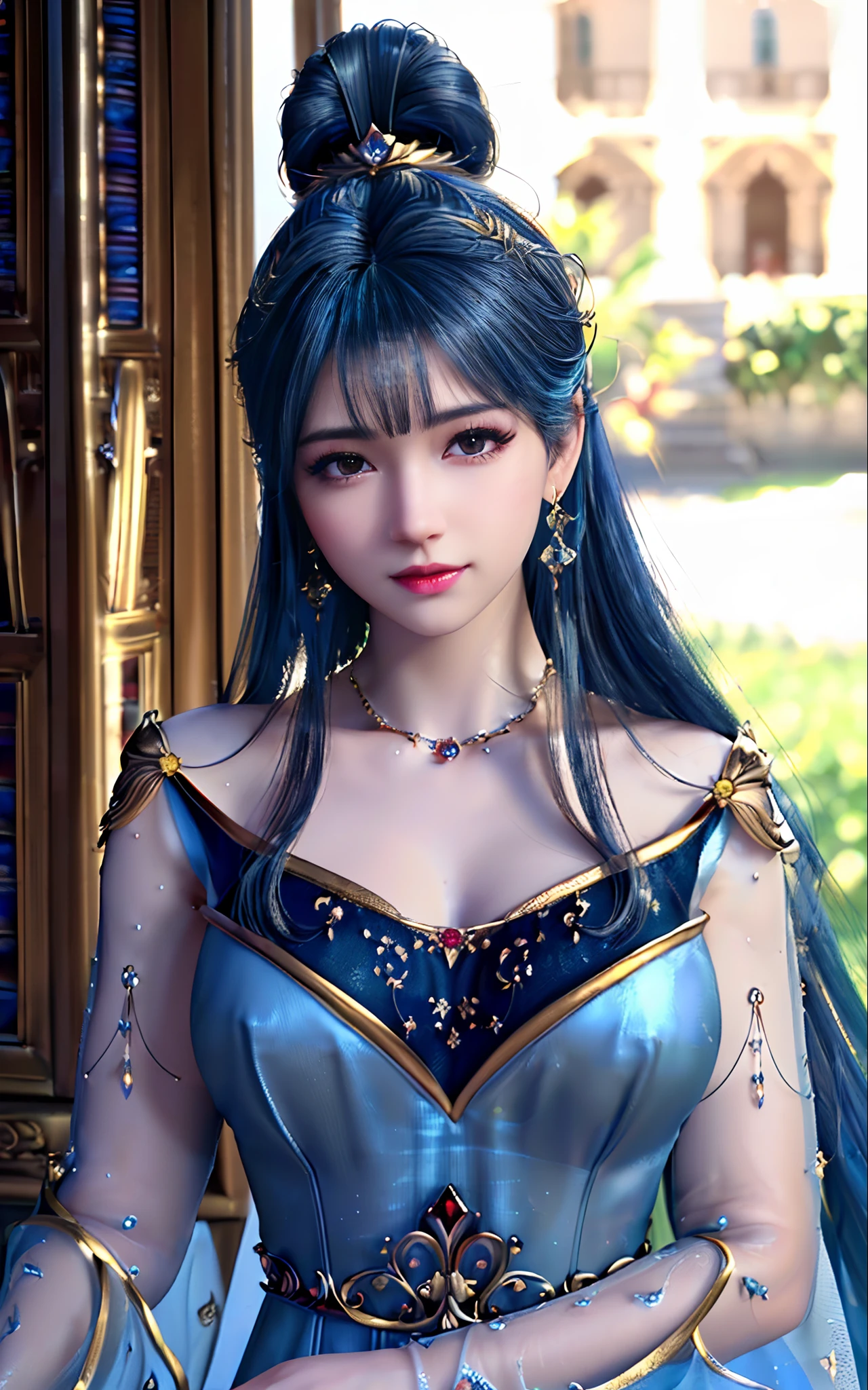 ((realisticity: 1.2)), ((best resolution: 8K UHD)), best quality,masterpiece,highres,cg,
((1 super detailed and super realistic girl)), ((very beautiful queen dazzling, super realistic, and super detailed)),((white skin, beautiful, smooth, youthful, super realistic and super detailed
)), long hair, ((super realistic and super detailed dress)), solo, ((super realistic, super beautiful, gorgeous and super detailed jewelry)), ((super beautiful, super realistic and super detailed dark red and golden yellow dress)),
((super beautiful, super realistic, super detailed diamond filled earrings)),
((super beautiful, super realistic and super detailed diamond filled hair ornament)), ((super beautiful upper body, super beautiful, super realistic and super detailed)), ((big breasts: 2.5)),
((super grand, super realistic and super detailed royal palace backgroun))
((super beautiful, super beautiful, super realistic and super detailed hair bun)), ((super beautiful, super realistic and super detailed blue hair)),
candid, Photograph, high resolution, 8k,Bokeh,