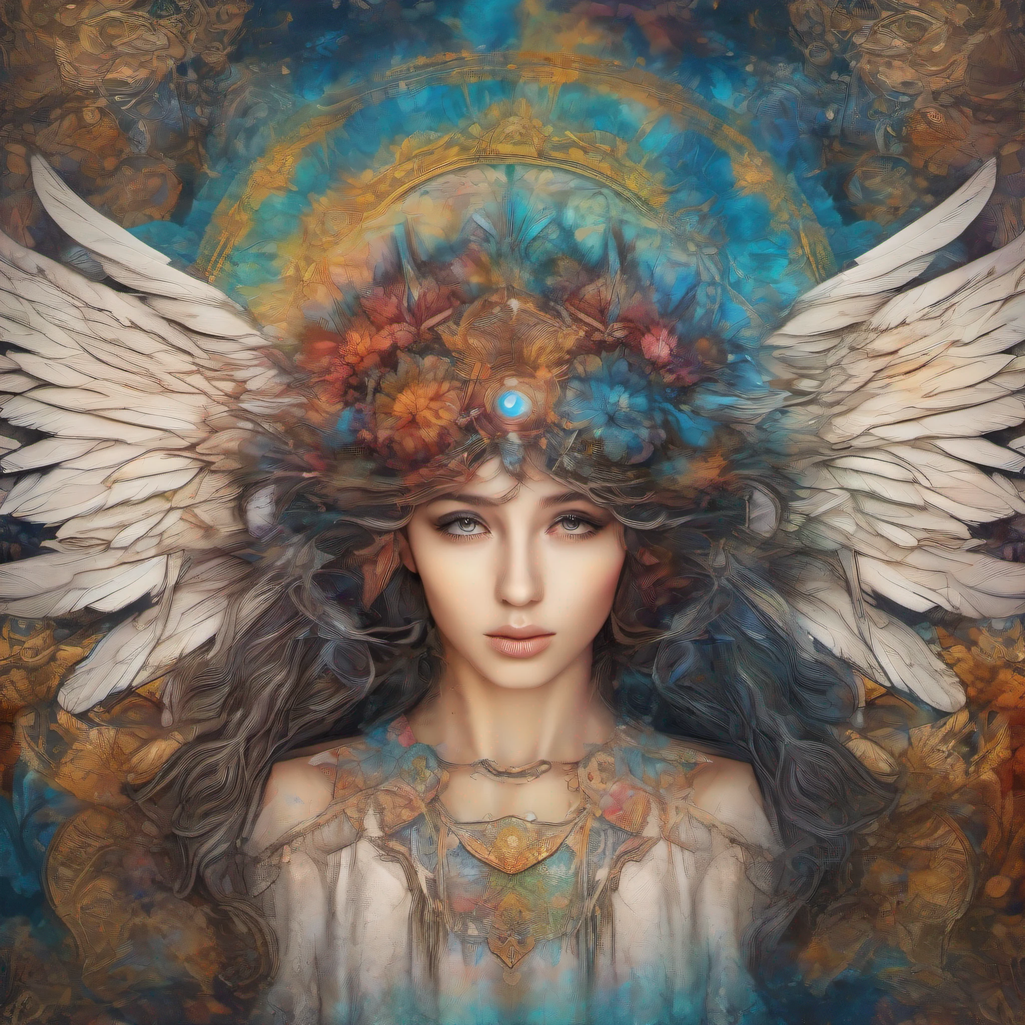 (((splash art style, Beautiful angel girl, melted and blended in alcohol ink and Mandala paint design))) detailed painting of a mandala as a background))) Nikon Z 14mm ultra-wide angle lens, award-winning glamour photograph, ((best quality)), ((masterpiece)), ((realistic)), geometric forms, subsurface scattering, radiant light rays, high-res, detailed facial features, high detail, sharp focus, smooth, aesthetic, extremely detailed, angle ,glowing ,UHD, vivid colors ,Arthur Rackham, Dr. Seuss , Norman Rockwell, magic ,digital illustration