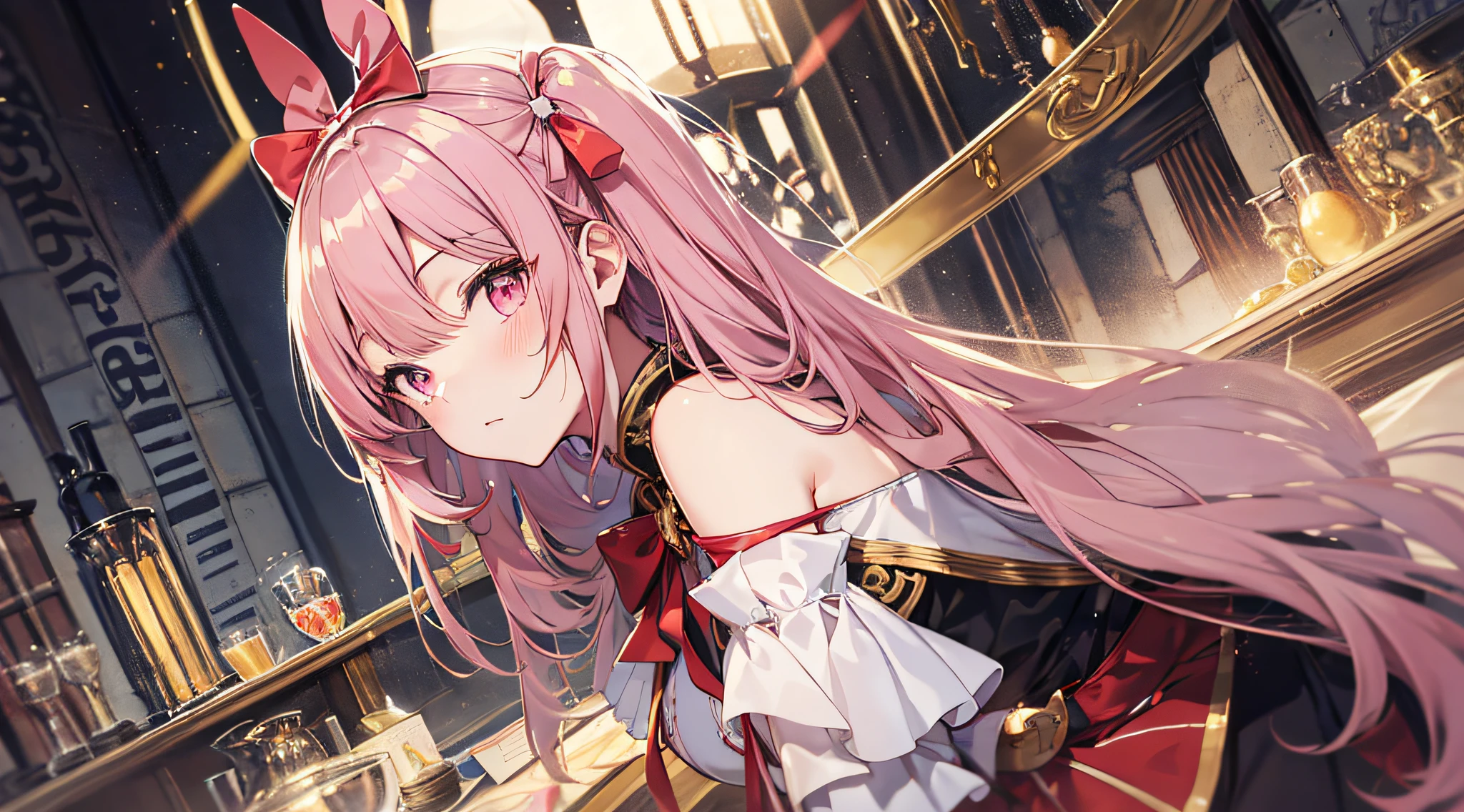 bunbun masterpiece、best qualtiy、Asuna\(Stars\)、1girl in、armature、Bare shoulder、blushed、breastplates、Pink eyes、Pink hair、Luxurious dresses、Short skirt、Lambent Light、length hair、Watch your audience、Golden Ribbon、bow ribbon、scabbard、White Dress poneyTail Hairy hair Castle Room Room with atmosphere