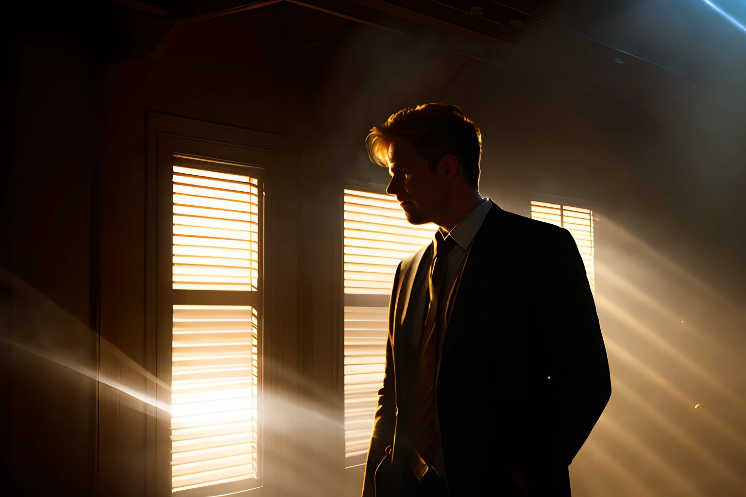 there is a man standing in a room with a light coming through the window, the sun's rays through the dust, light rays illuminating dust, dusty light, light rays illuminate dust, light beams with dust, ray of light through smoke, standing under a beam of light, dusty lighting, dust light, full of smoke and dust, lightshafts and foggy atmosphere