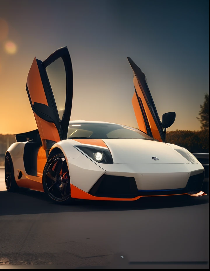 (masterpiece)+, (Best Quality)+, (Intricate Detail)+, design me the most beautiful car in the world, white paint with orange highlights, showroom concept, lens flare, camera artefact, professional photographer, 4k, HDR, longitudinal symmetry
