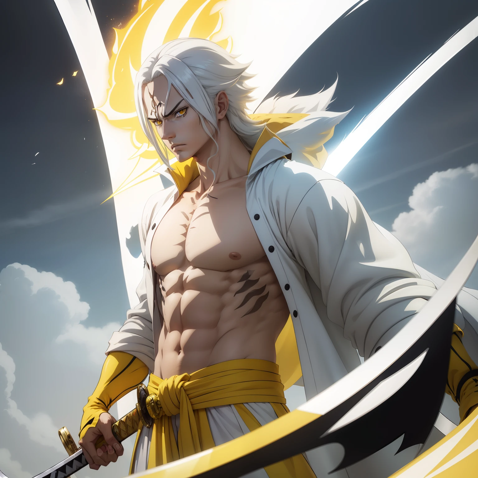 anime boy with long white hair and yellow eyes have in his hand yellow katana and he standing with white tiger