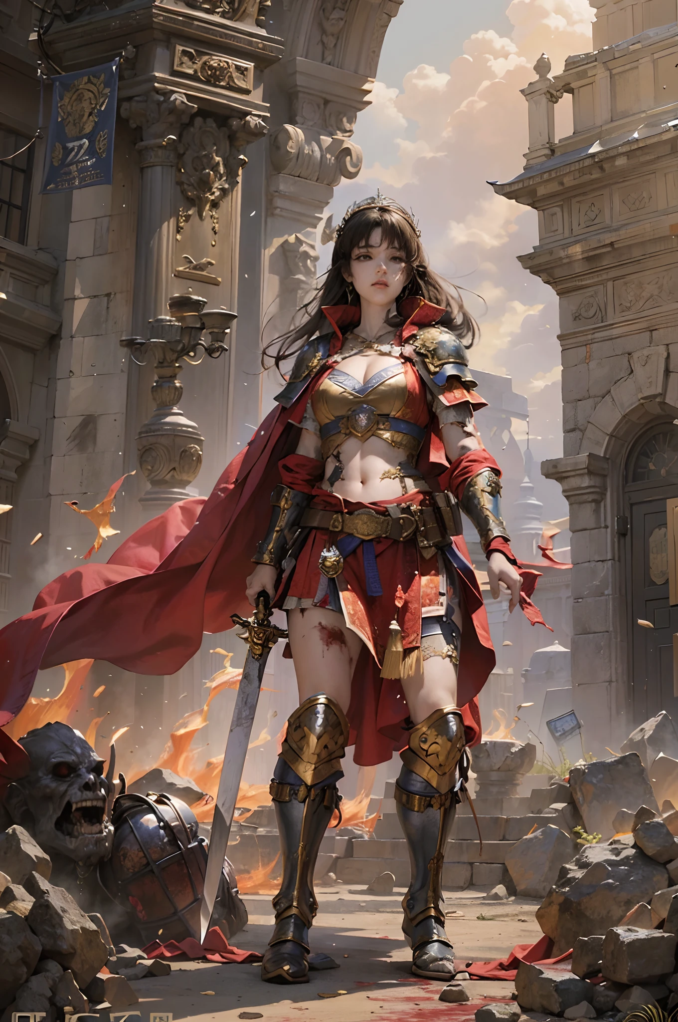 (Masterpiece, Top quality, Top quality, offcial art, Beautiful and aesthetic: 1.2), ultra-detailed complex 3D rendering of face, (Big: 7.8), Blue crop top: 1.8, Perfect figure: 1.4, Slim abs: 1.1, (1 girl), (Warrior Queen Red Armor, fur lined cape, Bejeweled Crown: 2.2),Background Ancient buildings,Bigchest,Thin waist and thick hips,upper legs, cleavage, Brown hair, White skin,Fair skin,Sword in hand,Maintain a fighting stance,nice hand,(Detail hands),Delicate hand movements,Fighting,His body was covered in blood,angry look,Killing on the battlefield,charging up,Scarred,mizore,Blood stains on the face,Combat action,fights,wrestle,fistfight,tosen,Roar,whoop,irate,Blood,火焰,smog,Flying sand and rocks,Landslides and ground fissures,The scene was tragic,