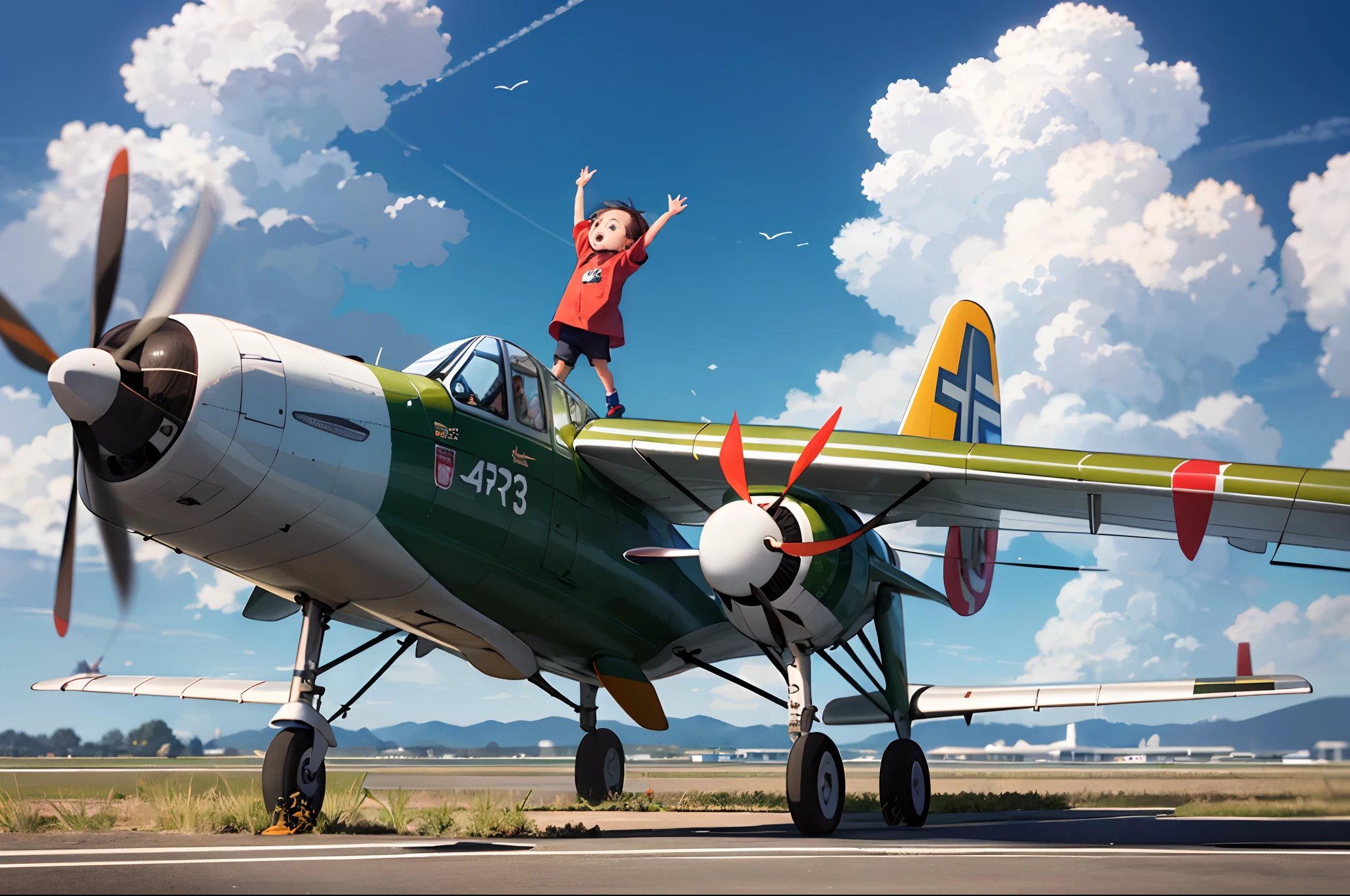 The plane is in the sky，The little girl looked up at the sky