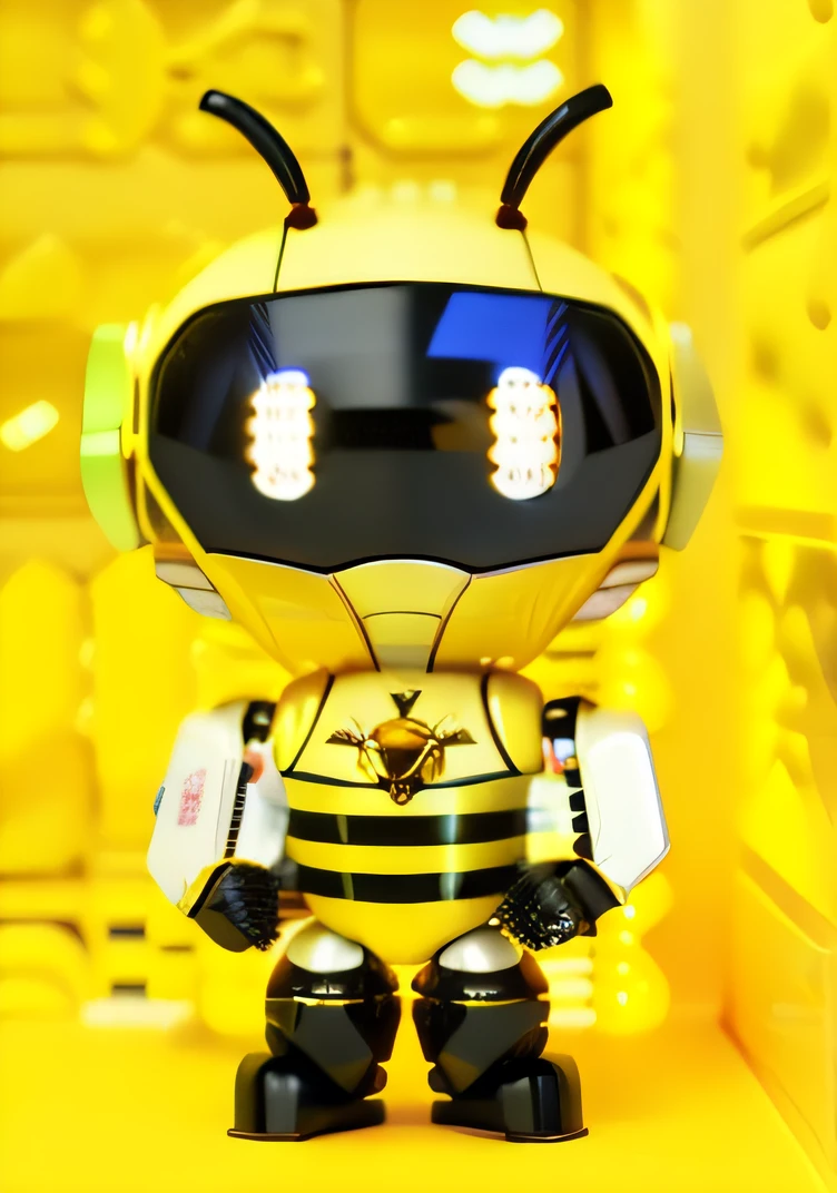 Yellow and black robots,Black and white face, 🐝👗👾, 3 d bee, cyberpunk bee, (honeybee), friendly humanoid insect robot, based on bumblebee, integrated synthetic android, Cute humanoid robot, hornet, 3D bee made of metal, big bee, vinyl toy figurine, vinyl designer toy, tchibi, honeybee, ..gadget