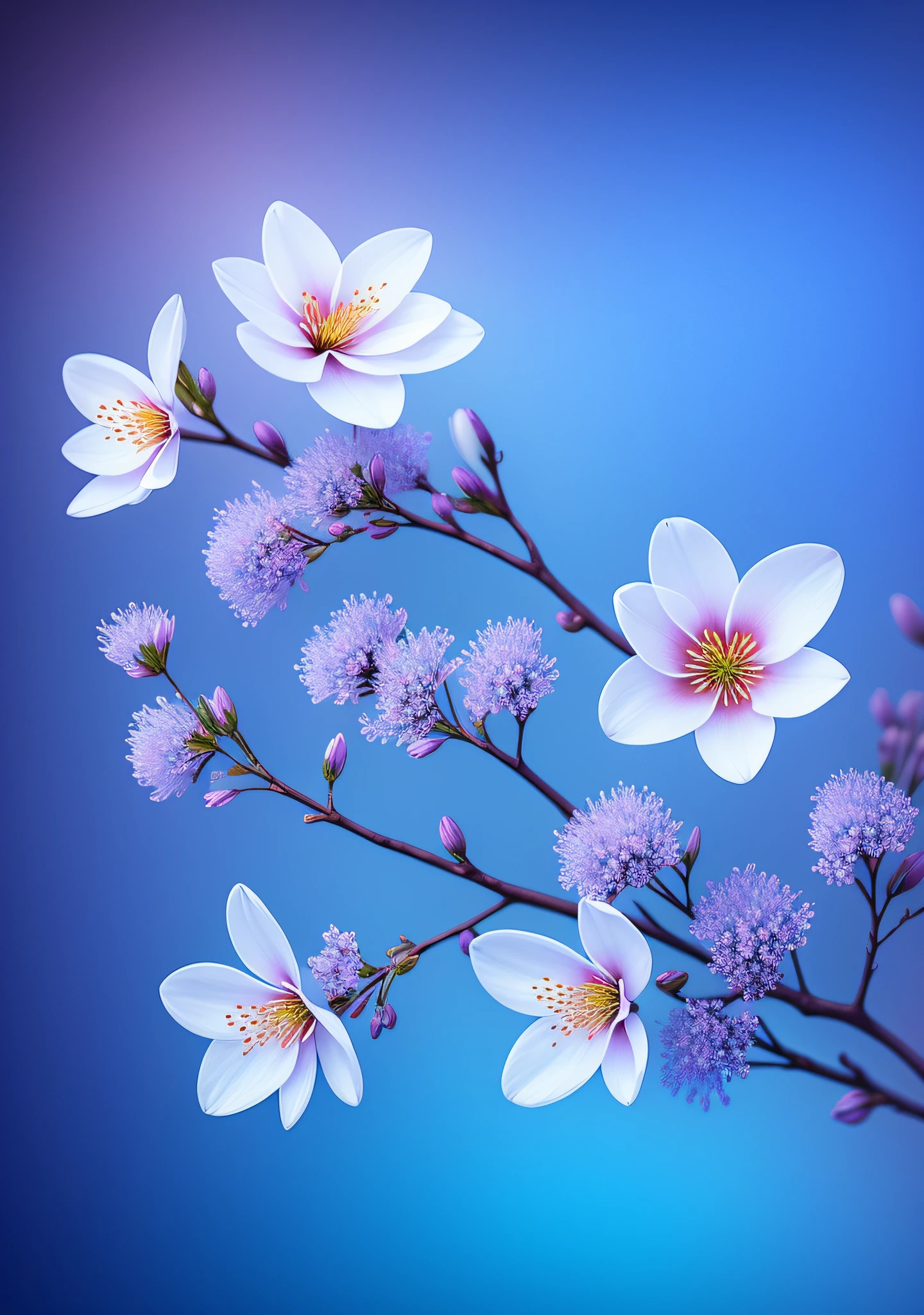 Close-up of a bouquet of flowers on a branch,paul barson,Blue flowers,beautiful digital artworks,beautiful digital art,flowers and blossoms,surreal waiizi flowers,beautiful flowers,flowers in full bloom,flowers with intricate detail,Incredibly beautiful,beautiful art,beautiful composition 3 - d 4 k,gorgeous digital art,Blue cherry blossoms
