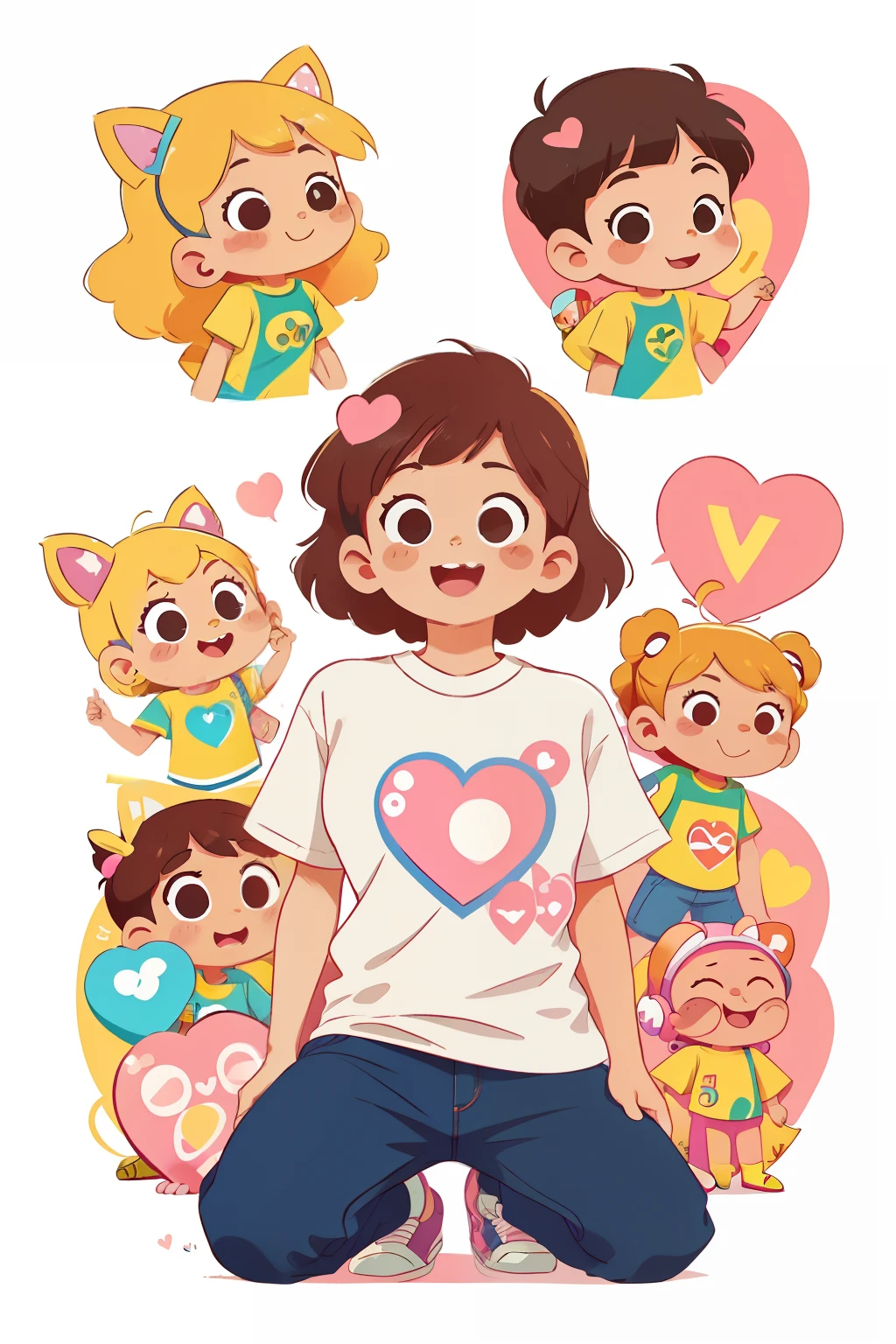 print ready vector t-shirt design, kawaii brazilian tv nostalgia illustration in the shape of a heart, portuguese phrase "my 1st best friend" tv globo, xuxa, gugu, sbt, tv shows, sticker, clean white background, professional vector , high detail, t-shirt design, graffiti, vibrant,