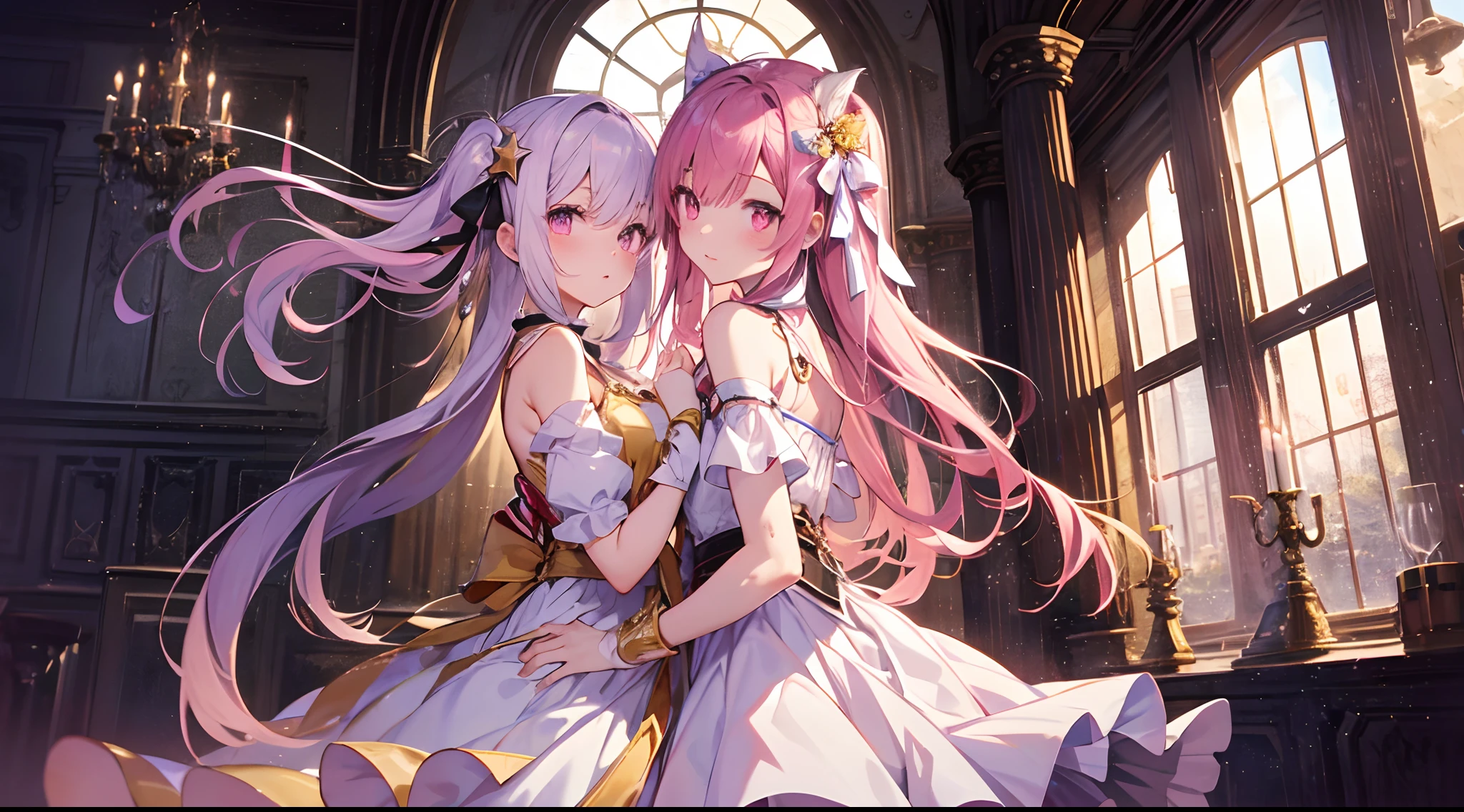 bunbun masterpiece、best qualtiy、Asuna\(Stars\)、1girl in、armature、Bare shoulder、blushed、breastplates、Pink eyes、Pink hair、Luxurious dresses、Short skirt、Lambent Light、length hair、Watch your audience、Golden Ribbon、bow ribbon、scabbard、White Dress poneyTail Hairy hair Castle Room Room with atmosphere