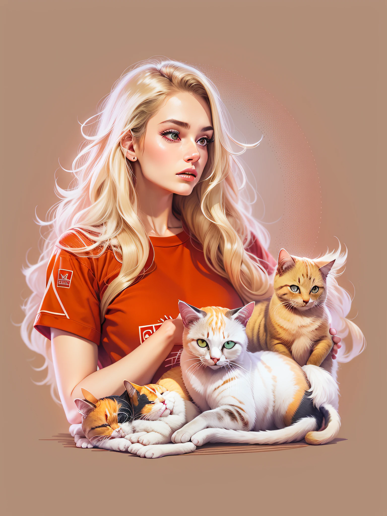 woman with cats, wearing red fashion outfit, with long blonde hair, realistic style image, surrounded by vibraprint ready vector t-shirt design, white background, side view, sticker, clean white background, professional vector, high detail, t - shirt design, vibrant.