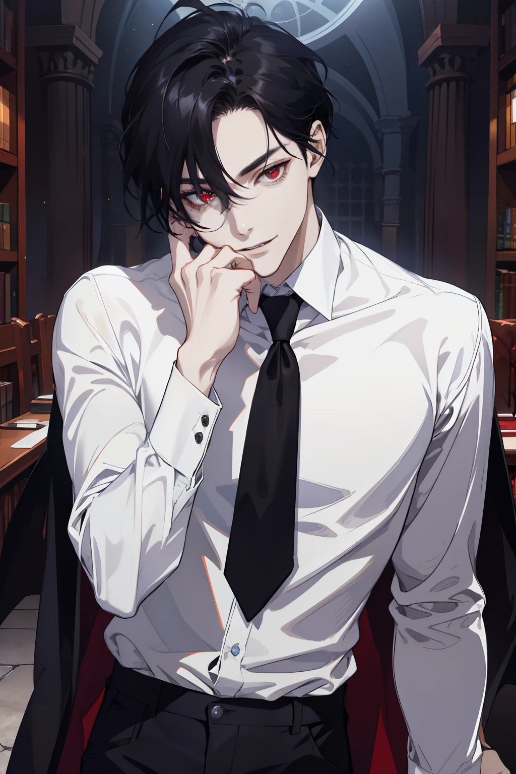 absurdres, highres, ultra detailed, HDR), masterpiece, best quality, 1boy, solo, 22 year, handsome, blue black hair, finely red eyes and detailed face, forehead, ((wear white shirt and black trouser, tie)), (pale and white skin), dutch angle, light smile, vampire vibe, wristwatch, blood effect, in DARK LIBRARY, face focus, red eyes, thin, intently, upper body