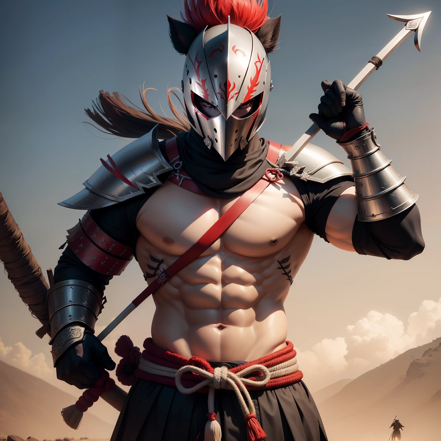 Uma armadura de samurai com um arco espiritual com flechas espirituais com detalhes vermelhos