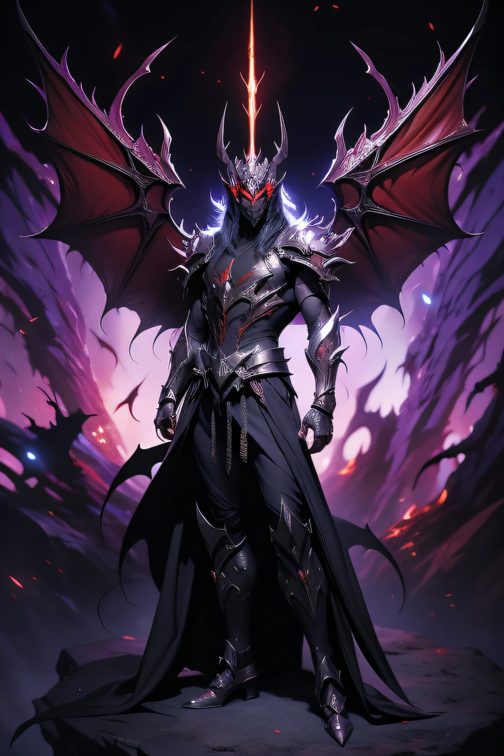 Demon King,Magical style,Full body like,Diablo style,male people,Armor cover,The muscles on the body are connected to the armor,League of Legends Demon,Demon Warframe,There are devil's wings on the back,Meat wings,Demon's wings