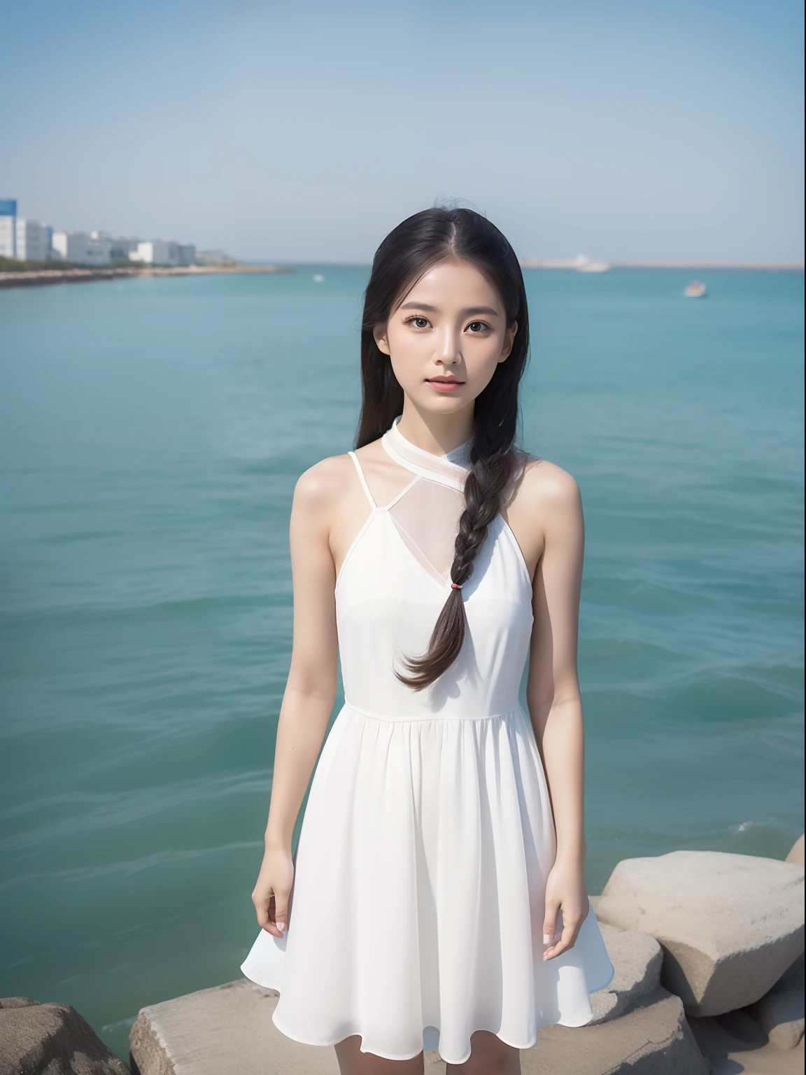 Photo of 1 girl by the sea，Wearing a white dress，Qinhuangdao Aranya，Photo photo in Aranya，