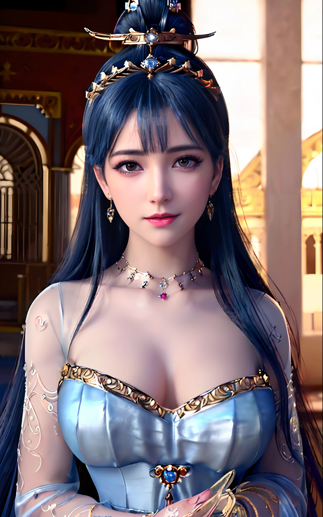 ((realisticity: 1.2)), ((best resolution: 8K UHD)), best quality,masterpiece,highres,cg,
((1 super detailed and super realistic girl)), ((very beautiful queen dazzling, super realistic, and super detailed)),((white skin, beautiful, smooth, youthful, super realistic and super detailed
)), long hair, ((super realistic and super detailed dress)), solo, ((super realistic, super beautiful, gorgeous and super detailed jewelry)), ((super beautiful, super realistic and super detailed dark red and golden yellow dress)),
((super beautiful, super realistic, super detailed diamond filled earrings)),
  ((super beautiful, super realistic and super detailed diamond filled hair ornament)), ((super beautiful upper body, super beautiful, super realistic and super detailed)), ((big breasts: 2.5)), 
((super grand, super realistic and super detailed royal palace backgroun))
((super beautiful, super beautiful, super realistic and super detailed hair bun)), ((super beautiful, super realistic and super detailed blue hair)),
candid, Photograph, high resolution, 8k,Bokeh,