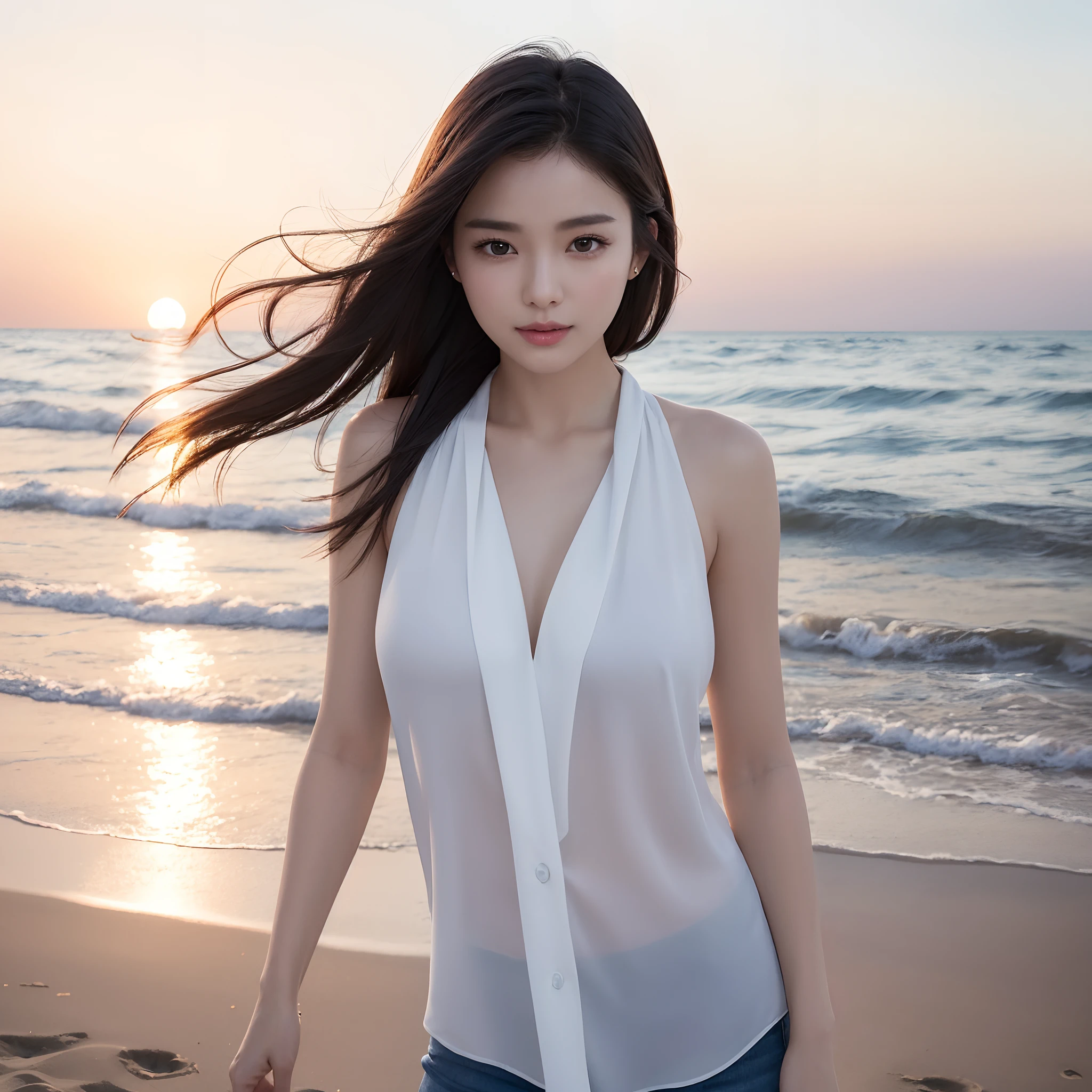 One lady、((best qualtiy、8k masterpieces:1.3))、foco nítido:1.2、(ultra beautiful faces:1.0)、(shinny skin:1.0)、photos realistic、A dark-haired、Video Lighting、High-definition eyes and face、Video Lighting、(Korean Cute Actress)、from the front side、medium breasts、ssmile、Sleeveless、Slender Abs Beauty、Whole body、Wearing a white blouse、On the beach at night