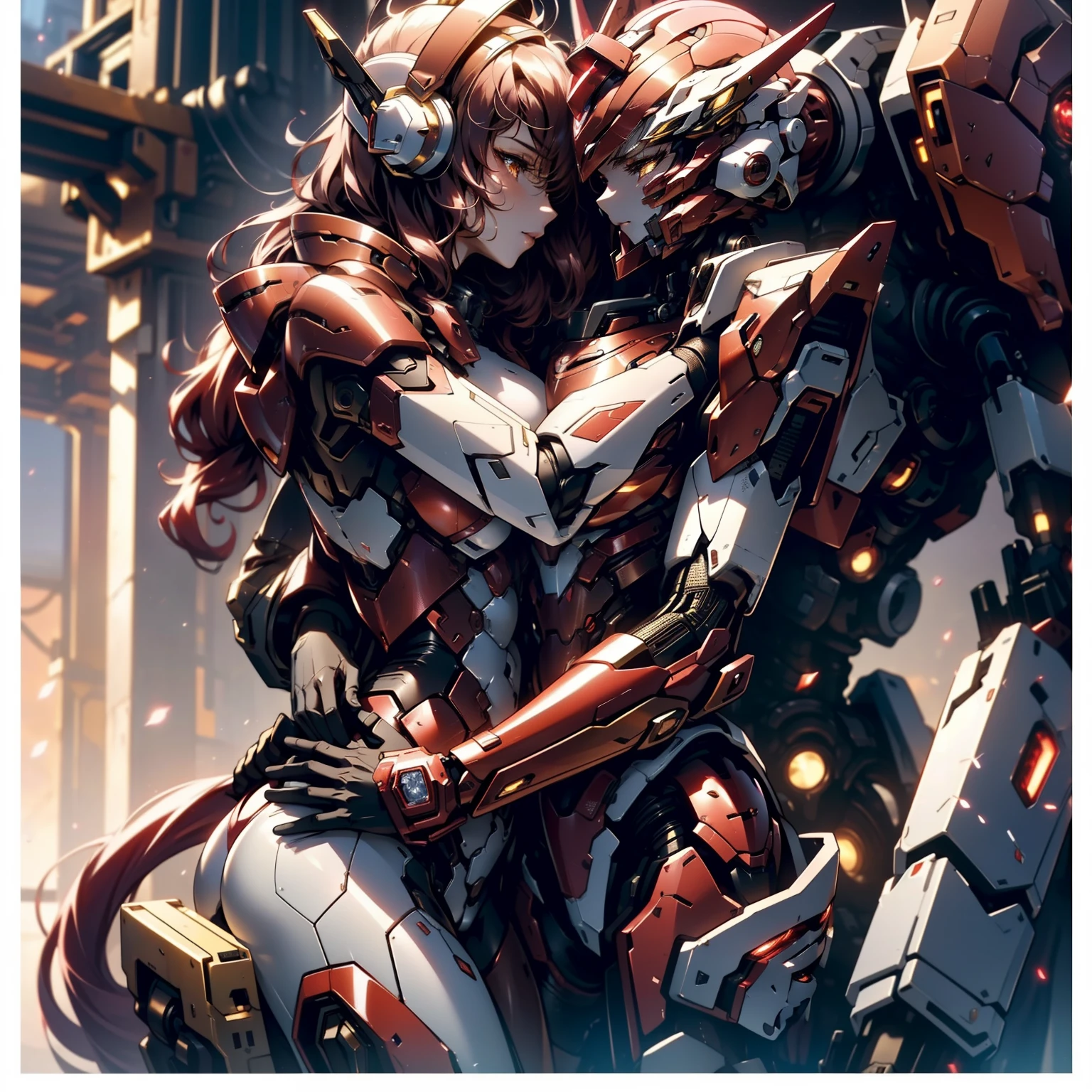 2 female mech pilot in (Red:1.4) armor hugging each other,Embrace of lovers,full bodyesbian、([tailed|Details wire]:1.3)、(intricate-detail)、HDR、(intricate-detail、ultra-detailliert:1.2)、cinematic shot、​masterpiece, top-quality, hight resolution, Vaginal foreign body insertion、Align Center