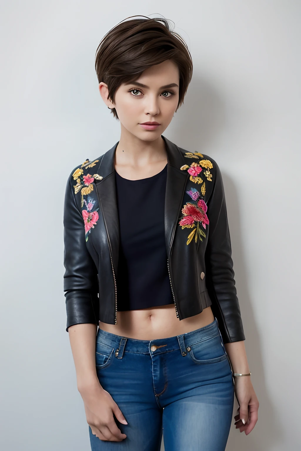 Masterpiece, High quality,1girll,Solo,Middle breast , Short hair, (hair between eye),(00BFFE Pixie cut),Disappointed face,(Embroidered sweater, Cropped flared jeans, Leather blazer)