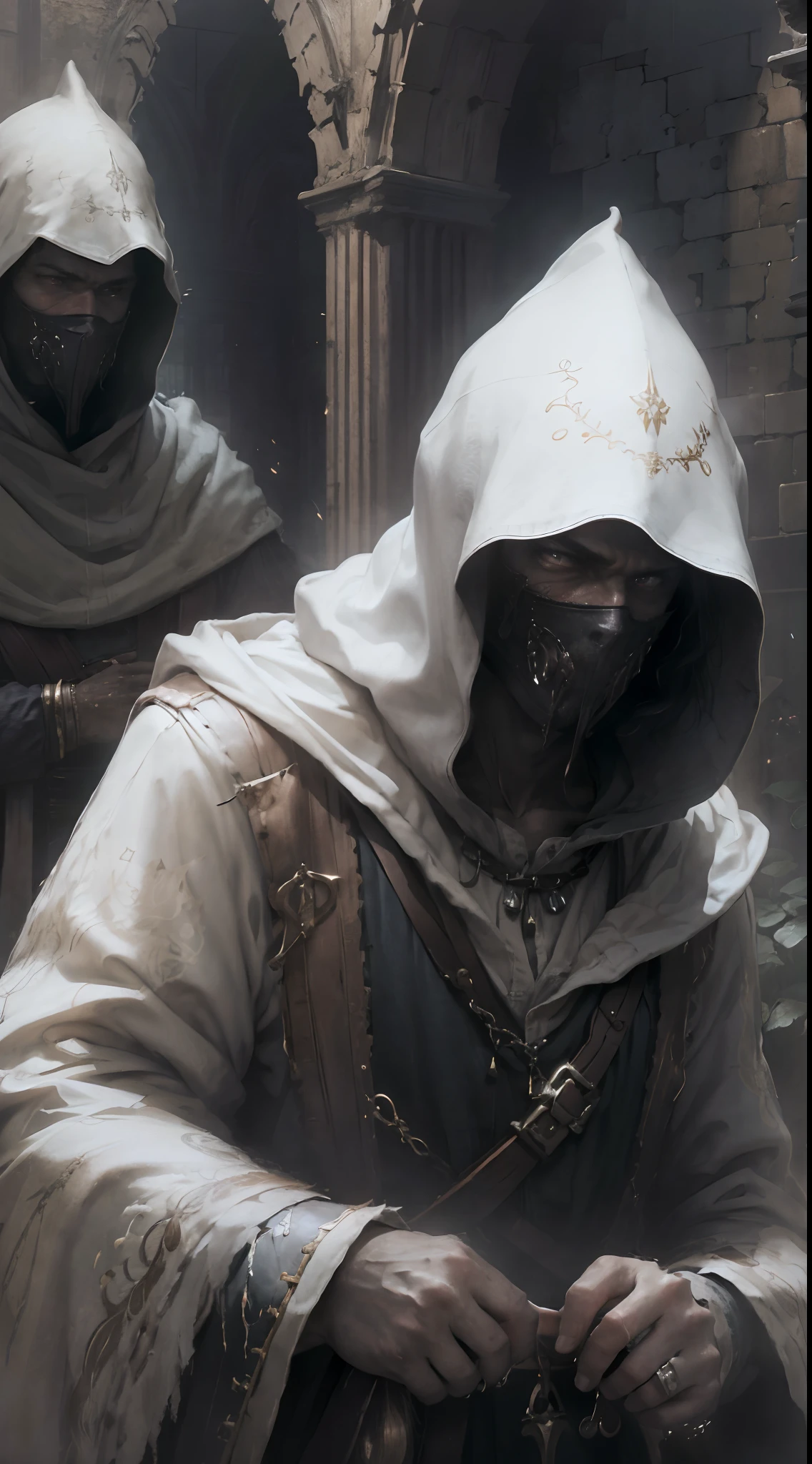 multiple persons, Medieval urban area, Among the white-clad crowd, One of them was dressed in black, The corners of the mouth turn upwards, Man in a hood。, This person is sneaky, （side looking：2）, （stooped：2）, （hunchback：2）, （Want to steal from those in front：2）。Faraway view, （Evil people：1.5）, （Faraway view：1.5）, mistic, （Can't see the face clearly：2）。unreal-engine, photorealestic, Texture, Exquisite details。, in a panoramic view, From the side Side, Ultra-wide angle., Wide-angle, Rotated, Perspective