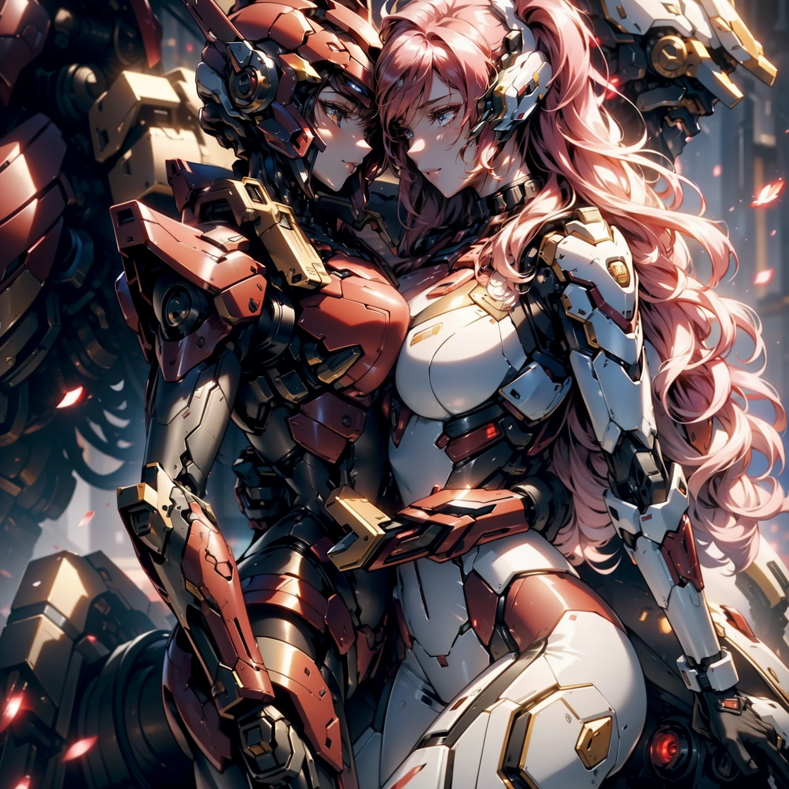 2 female mech pilot in (Red:1.4) armor hugging each other,Embrace of lovers,full bodyesbian、([tailed|Details wire]:1.3)、(intricate-detail)、HDR、(intricate-detail、ultra-detailliert:1.2)、cinematic shot、​masterpiece, top-quality, hight resolution, Vaginal foreign body insertion、Align Center