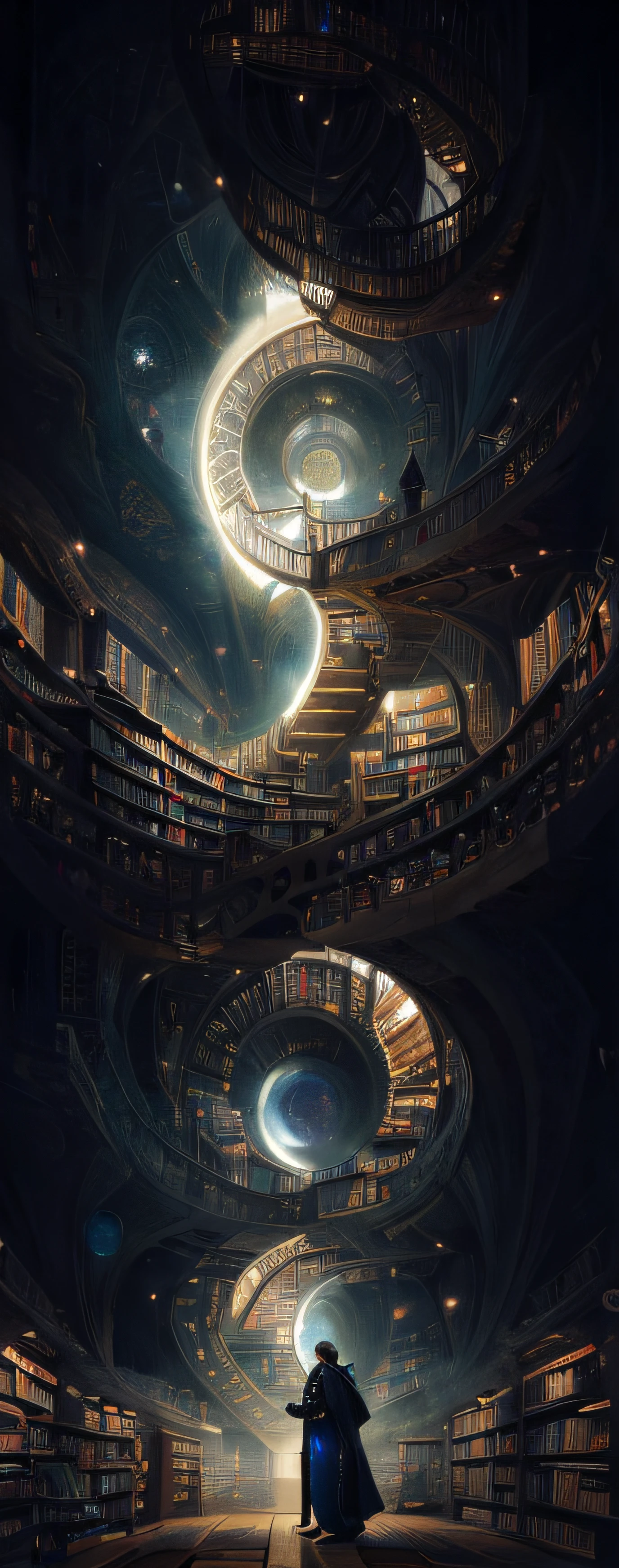 arafed image of a man standing in a library with books, endless books, borne space library artwork, books cave, fantasy book illustration, spiral shelves full of books, infinite celestial library, an eternal library, gothic epic library concept, magic library, japanese sci - fi books art, beeple and jean giraud, books all over the place