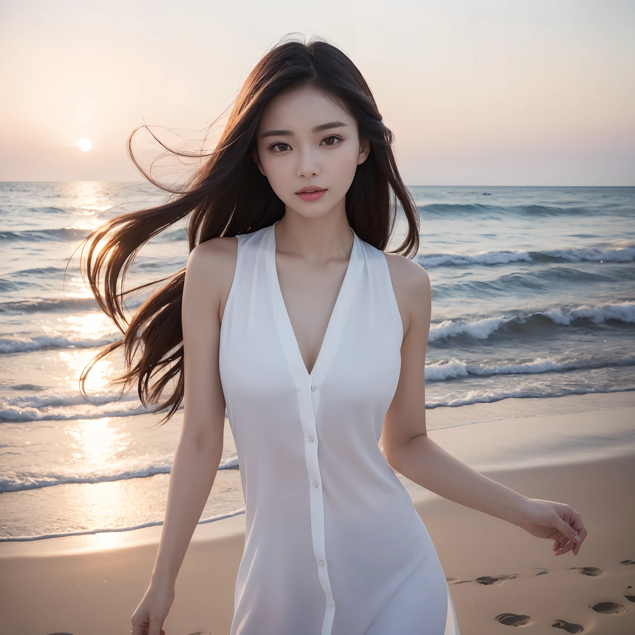 One lady、((best qualtiy、8k masterpieces:1.3))、foco nítido:1.2、(ultra beautiful faces:1.0)、(shinny skin:1.0)、photos realistic、A dark-haired、Video Lighting、High-definition eyes and face、Video Lighting、(Korean Cute Actress)、from the front side、medium breasts、ssmile、Sleeveless、Slender Abs Beauty、Whole body、Wearing a white blouse、On the beach at night