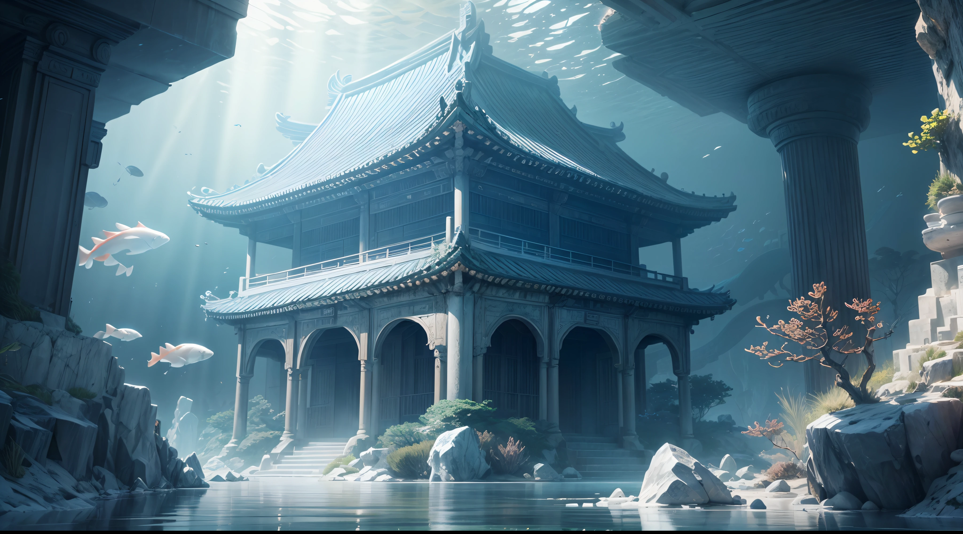 Ancient Korean palaces, White Jade Palace under the sea, under water, foam, current, (Illustration: 1.0), Epic composition, Natural light, HD detail, Masterpiece, Best Quality, (Very detailed CG unity 8k wallpapers)