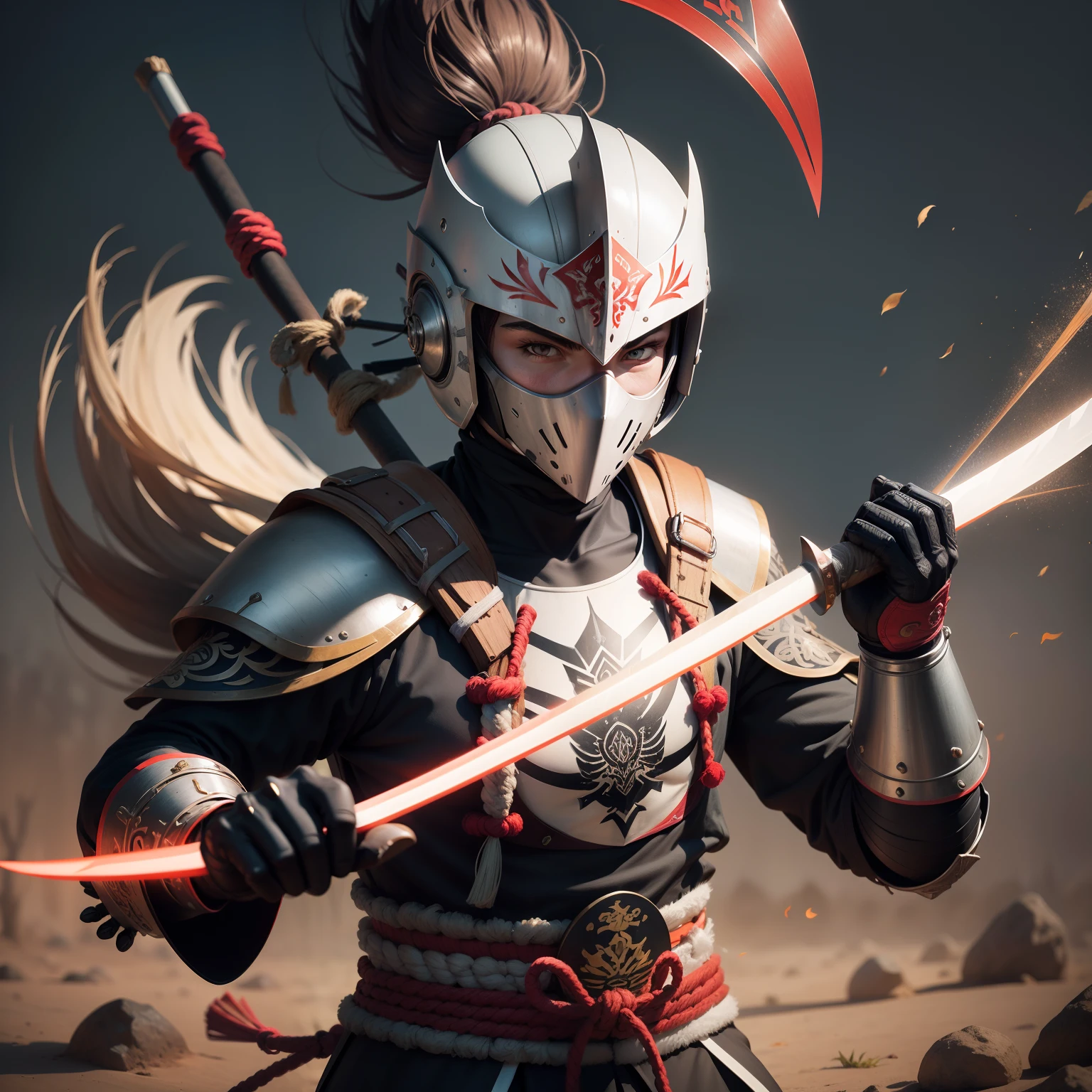 Uma armadura de samurai com um arco espiritual com flechas espirituais com detalhes vermelhos
