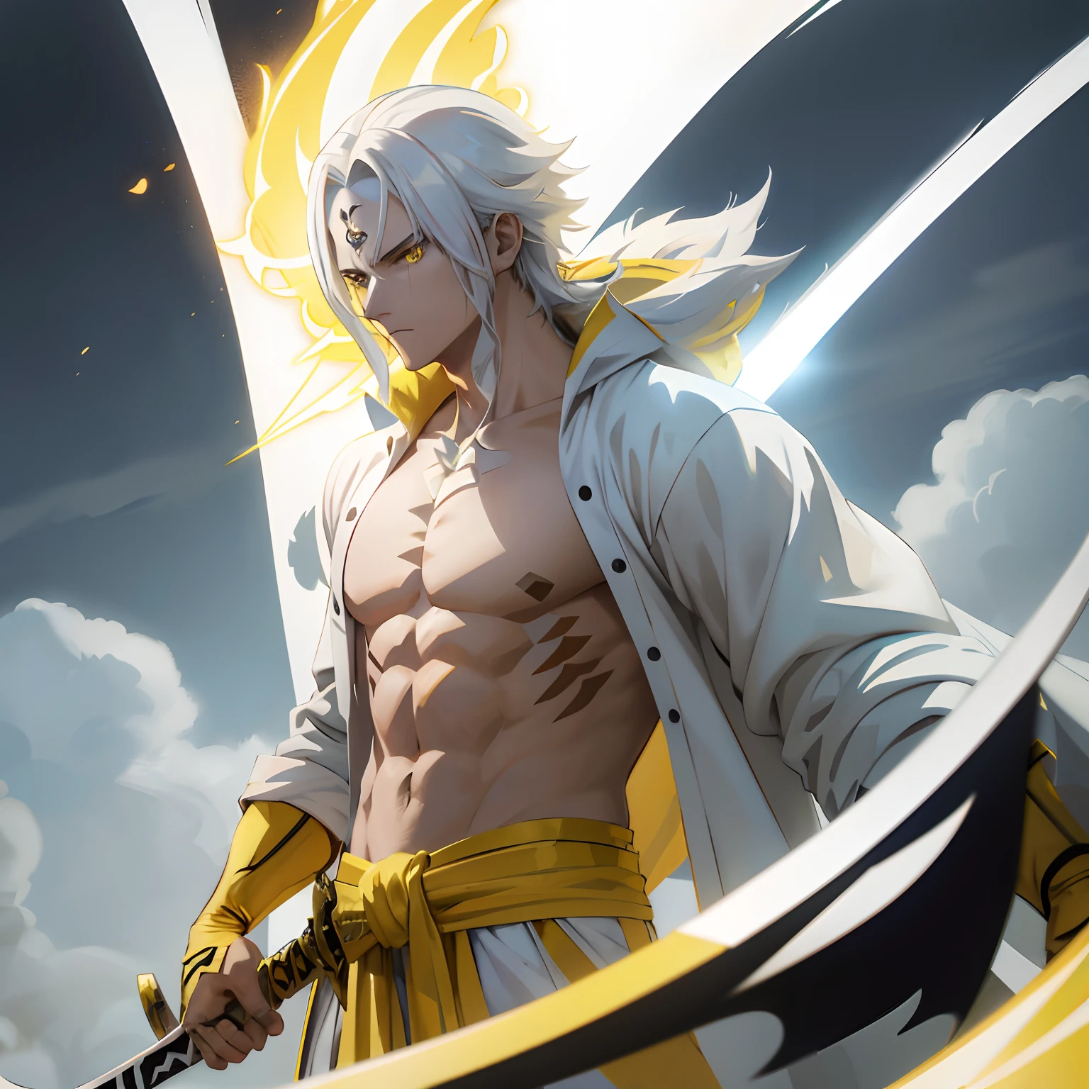 anime character with sword and yellow outfit standing in front of a cloudy sky with white tiger, handsome guy in demon slayer art, badass anime 8 k, white haired deity, beautiful male god of death, by Yang J, legendary god holding spear, fighting game character, zhongli from genshin impact, keqing from genshin impact, detailed anime character art, male anime character