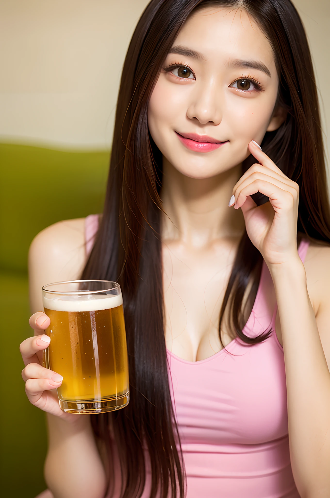(8K、Raw photography、Photorealsitic:1.25)、1little girl、(23 year old woman with beautiful perfect face、Drink beer deliciously)、The moment you are drinking beer right now、Happy expression of blissful time、See virtual friends、Holding a beer mug in one hand、Put your mouth on the mug、on a couch、Pink camisole、Pink shorts、lipgloss、long lashes、Beautiful expression、shiny bare skin、top-quality、超A high resolution、a closeup
