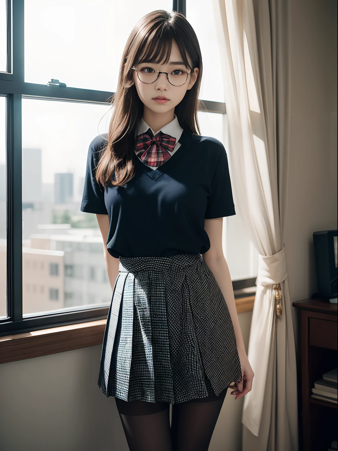(8K、Raw photography、top-quality、masterpiece:1.2),Hanging,watching at viewers,Looking at the front,side poneyTail,Dropping hair with the chest,Bullish,Muchimuchi,Erotic,Pupils,Light Blue Bra,de pele branca,kne,(Black pantyhose),absurderes,a small face,small tits,flat breast,Parting the bangs from the middle、Forehead visible,(a cold expression,Tight eyes,glares,Bullish,skinny,Rasping,irate)、masterpiece,top-quality、超A high resolution,Raw photo,ren,Beautiful fece,One Person, 独奏,eye glass,,Dark look,Small breasts,fullllbody,Round glasses、cute little、Back to Student,JK school uniform,hi-school girl,A Japanese Lady,is standing,(Photorealsitic:1.37)、Photon mapping,Realistic、Cute little face,Brown-eyed、Black socks、(Red bow tie)、Radio City、Physically Based Rendering、Foreground、depth of fields、Blurry background、a picture,The girls、Body,beauty legs, Long legs, Thin leg,Tie your hair into one strand on your chest,(Bangs are visible), hair, s lips, Blue_The eye, nosesoft,(Light blue shirt), (Navy and blue and white plaid pleated skirt), Knees are visible,Sheer clothing,, Thigh, Black cotton socks,Nogizaka Idol, 女優, Japanese ido
