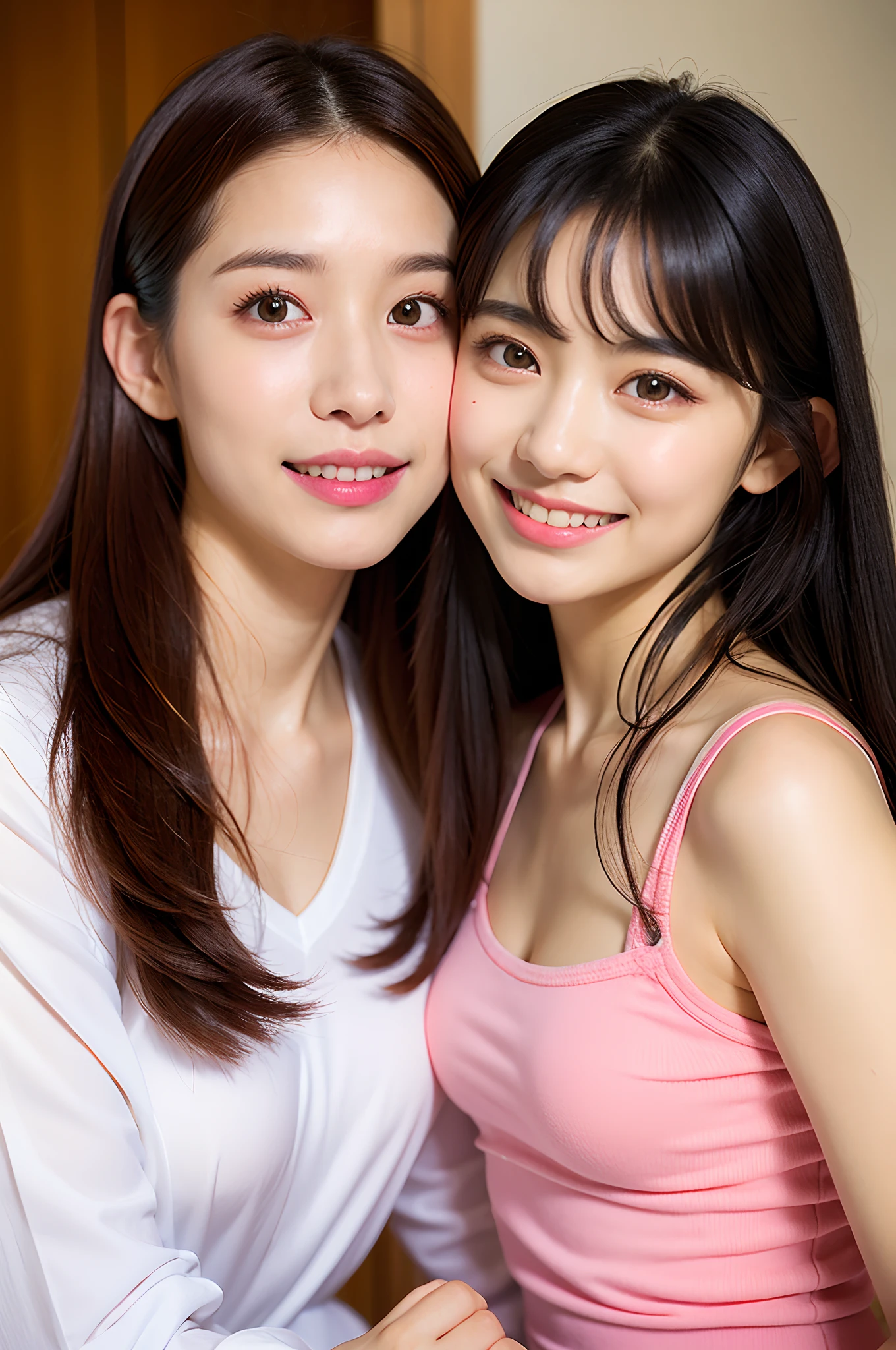 (8K、Raw photography、Photorealsitic:1.25)、1little girl、(23 year old woman with beautiful perfect face、Drink beer deliciously)、The moment you are drinking beer right now、Happy expression of blissful time、See virtual friends、Holding a beer mug in one hand、Put your mouth on the mug、on a couch、Pink camisole、Pink shorts、lipgloss、long lashes、Beautiful expression、shiny bare skin、top-quality、超A high resolution、a closeup