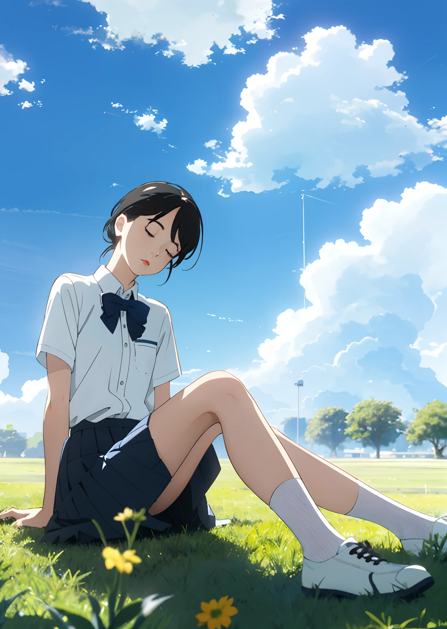 Wear a neat white shirt and white school uniform skirt,Girly makeup,with blue sky and white clouds,Sitting on the grass and falling asleep,70mm telephoto lens --AR 2:3 --beauty