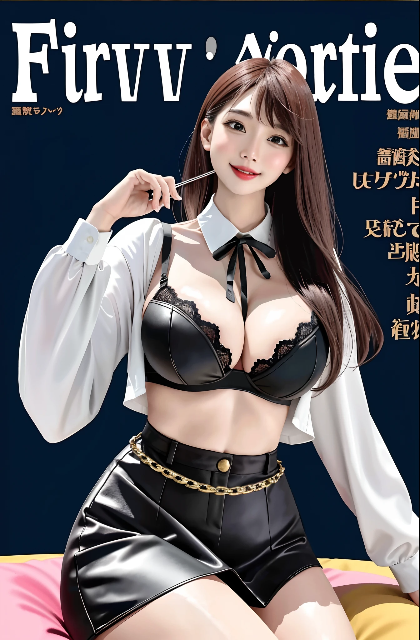 (top-quality、masterpiece)、Women's gravure magazine cover、1girl in、A stunning、A sexy、a smile、a miniskirt、(((large full breasts)))、Texto、charted、advertisement、magazine title