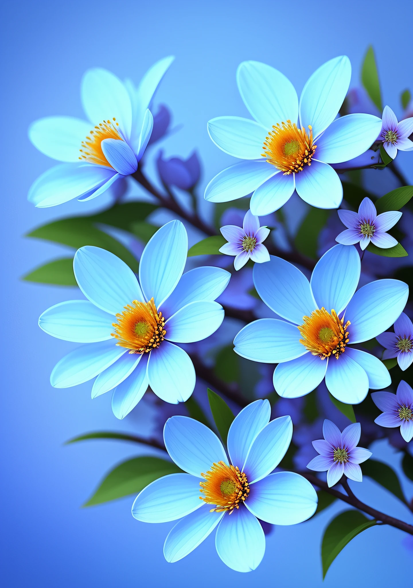 Close-up of a bouquet of flowers on a branch,paul barson,Light blue petals,blossoms,beautiful digital artworks,beautiful digital art,flowers and blossoms,surreal waiizi flowers,beautiful flowers,flowers in full bloom,flowers with intricate detail,Incredibly beautiful,beautiful art,beautiful composition 3 - d 4 k,gorgeous digital art,SakuraNS
