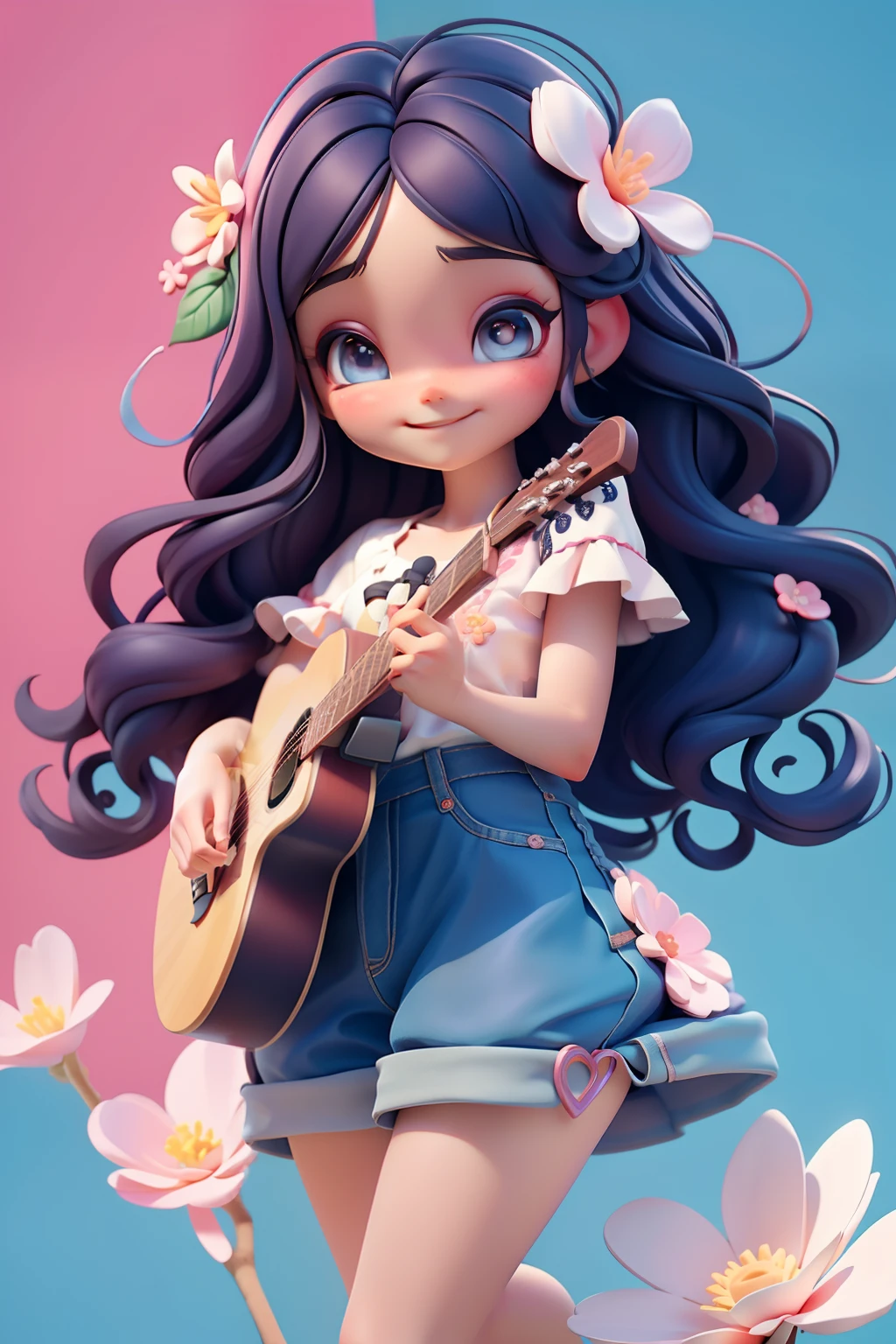 (obra-prima), (melhor qualidade), (ultra-detalhado), (corpo inteiro: 1.2), 1girl, chibi, bonito, sorriso, sorriso delicado, flor, ao ar livre, tocando guitarra, music, boina, segurando guitarra, jaqueta jeans azul, blush, tree, : 3, camisa, cabelo longo, flores de cerejeira, headwear rosa, desfocado, mangas longas, franja, cabelo preto, flor rosa, (belo rosto detalhado), (belos olhos detalhados),