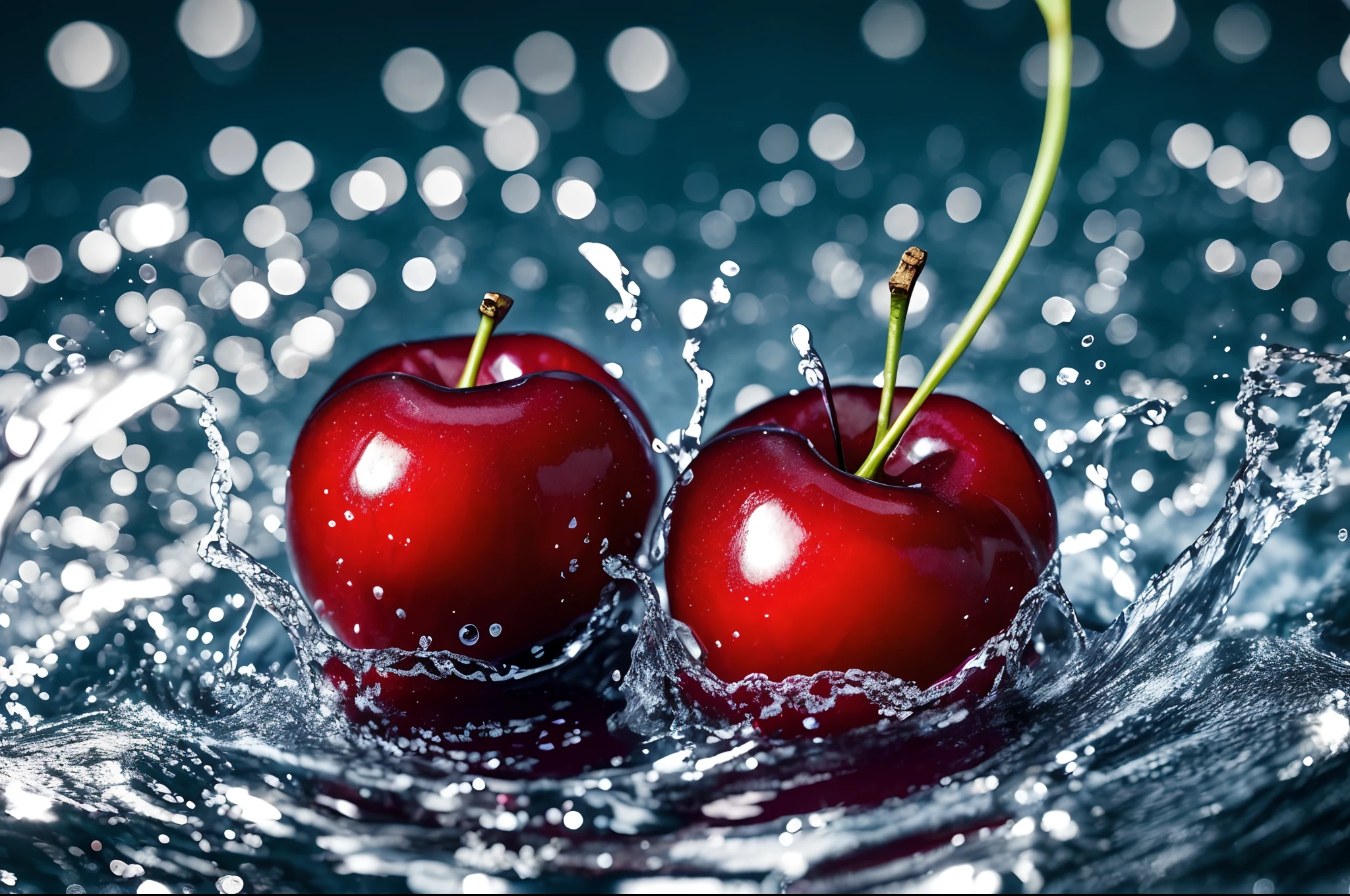 Real photos、Close-up of 3 cherries、liquid splashes、water bloom、carbonic acid,Ultra photo realsisim,Digital SLR,Close-up Shot Shot,Professional color grading,clean sharp focus,Epic composition,professional photoshooting,Ultra photo realsisim,hyper HD,the detail,hdr,8K