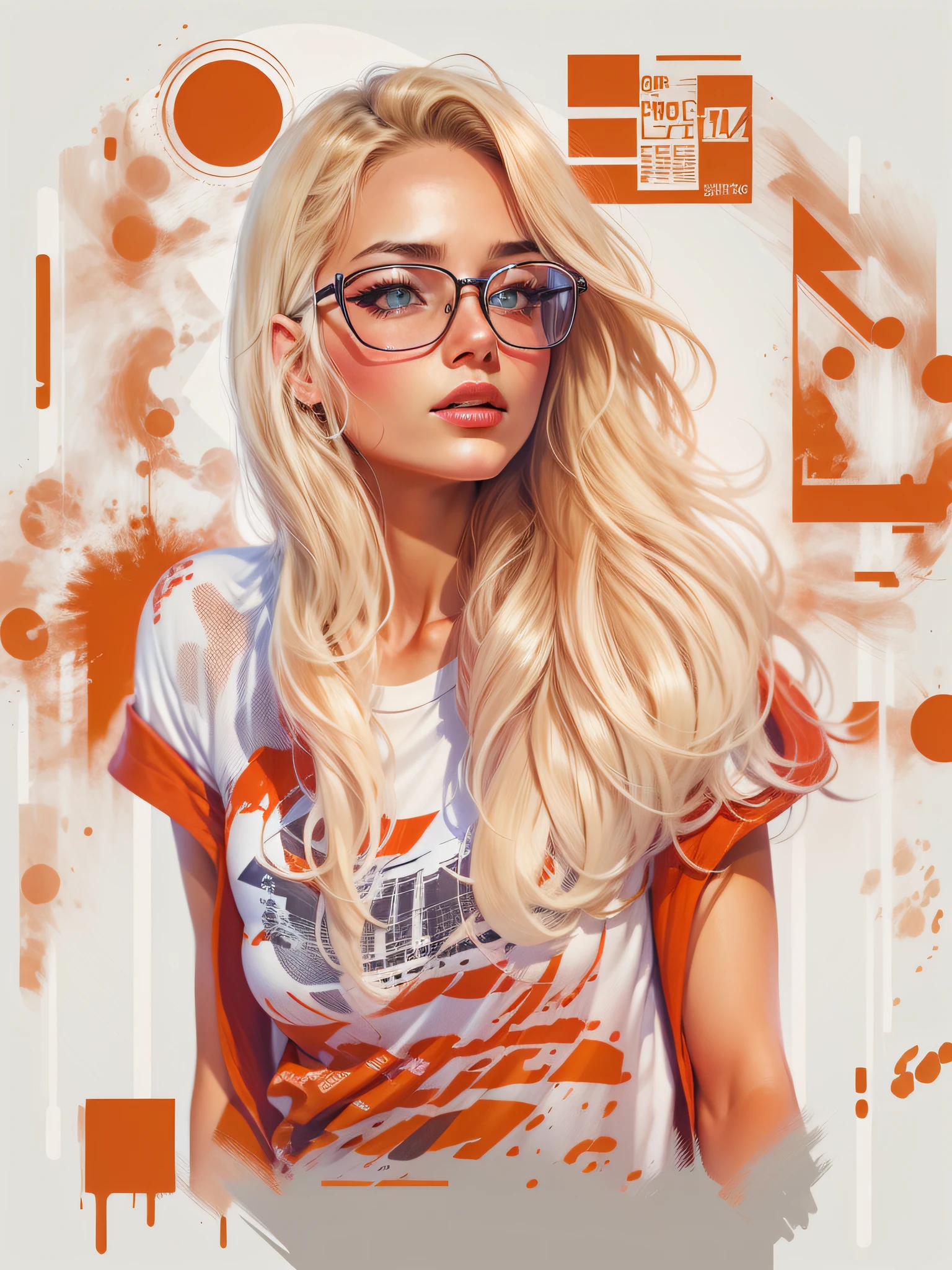 woman, wearing red fashion outfit, with long blonde hair, realistic style image, surrounded by vibraprint ready vector t-shirt design, white background, side view, sticker, clean white background, professional vector, high detail, t- design shirt, vibrant.