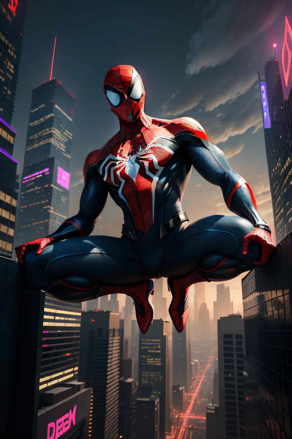 Spider-Man 2099 swings between neon-lit skyscrapers in a futuristic cityscape. Hovering cars whiz by as holographic billboards display corporate logos. The hero battles high-tech criminals using his advanced suit, blending acrobatics with hacking skills, amidst a backdrop of digital corruption and urban decay.