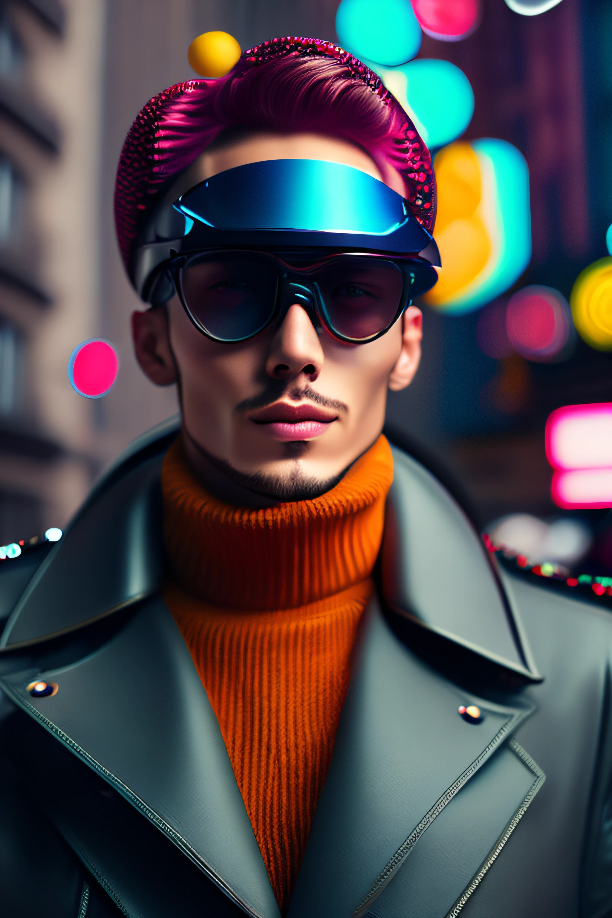 brightly colored man in a leather jacket and hat with sunglasses, futuristic glasses lenses, futuristic sunglasses, futuristic ar glasses, estilo cyberpunk hiper-realista, vestindo futurista, Directed by: Andrei Kolkoutine, visual futurista, estilo cyberpunk , hiper-realista, inspirado em Mike Winkelmann, Anton Fadeev 8 K, imagem editorial, hero pose colorful city lighting, fotografia editorial