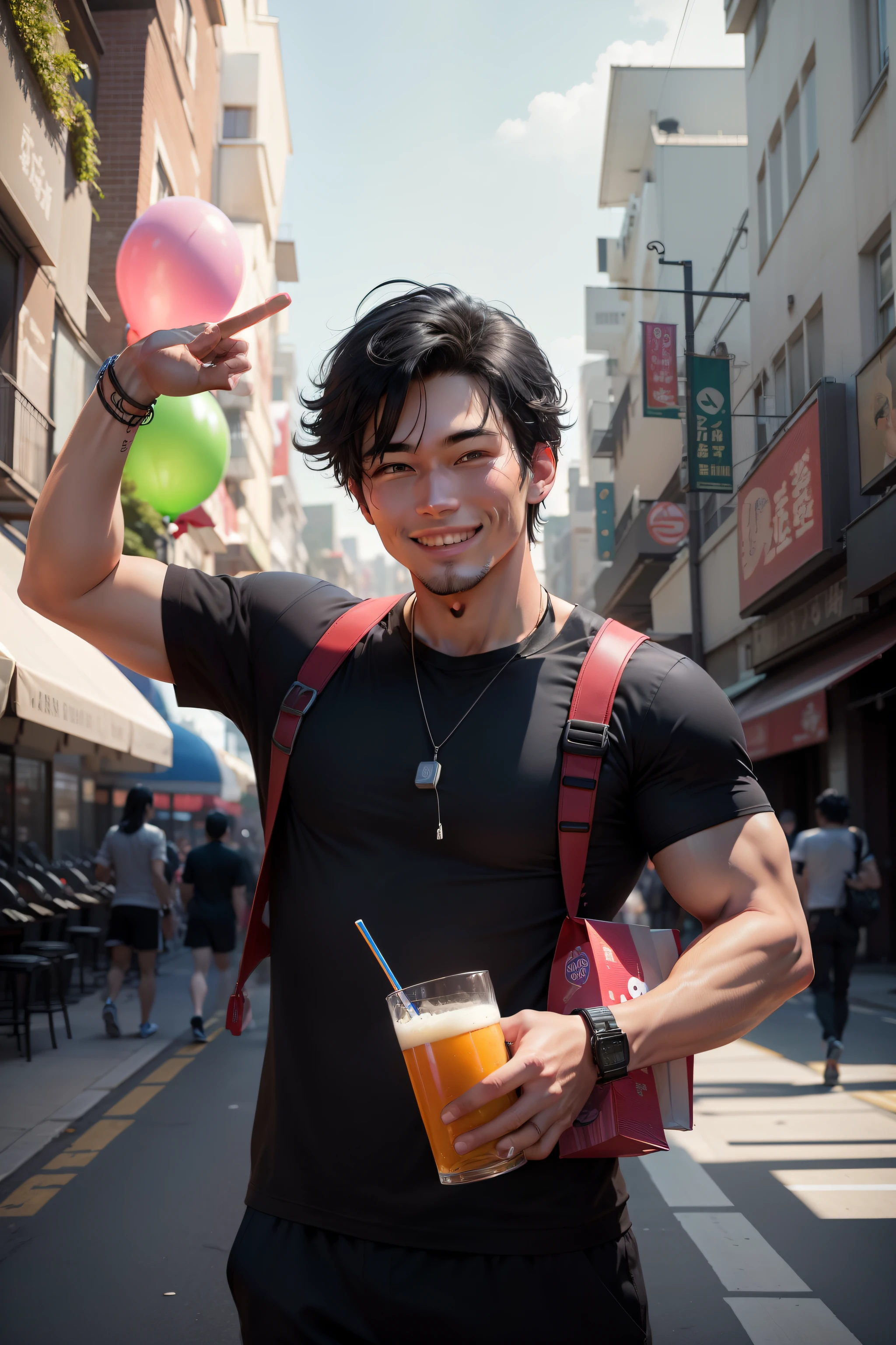 A man smiles on his face,Black hair。There is a colorful billboard on the head,There are game controllers on the billboard、Gym Machine、Pretty women、Beer bottles and happy kids。There is a fantastic view in the background,Including fairytale forests and balloons full of quirks。Mainly displays the content of the billboard,The picture is interesting。