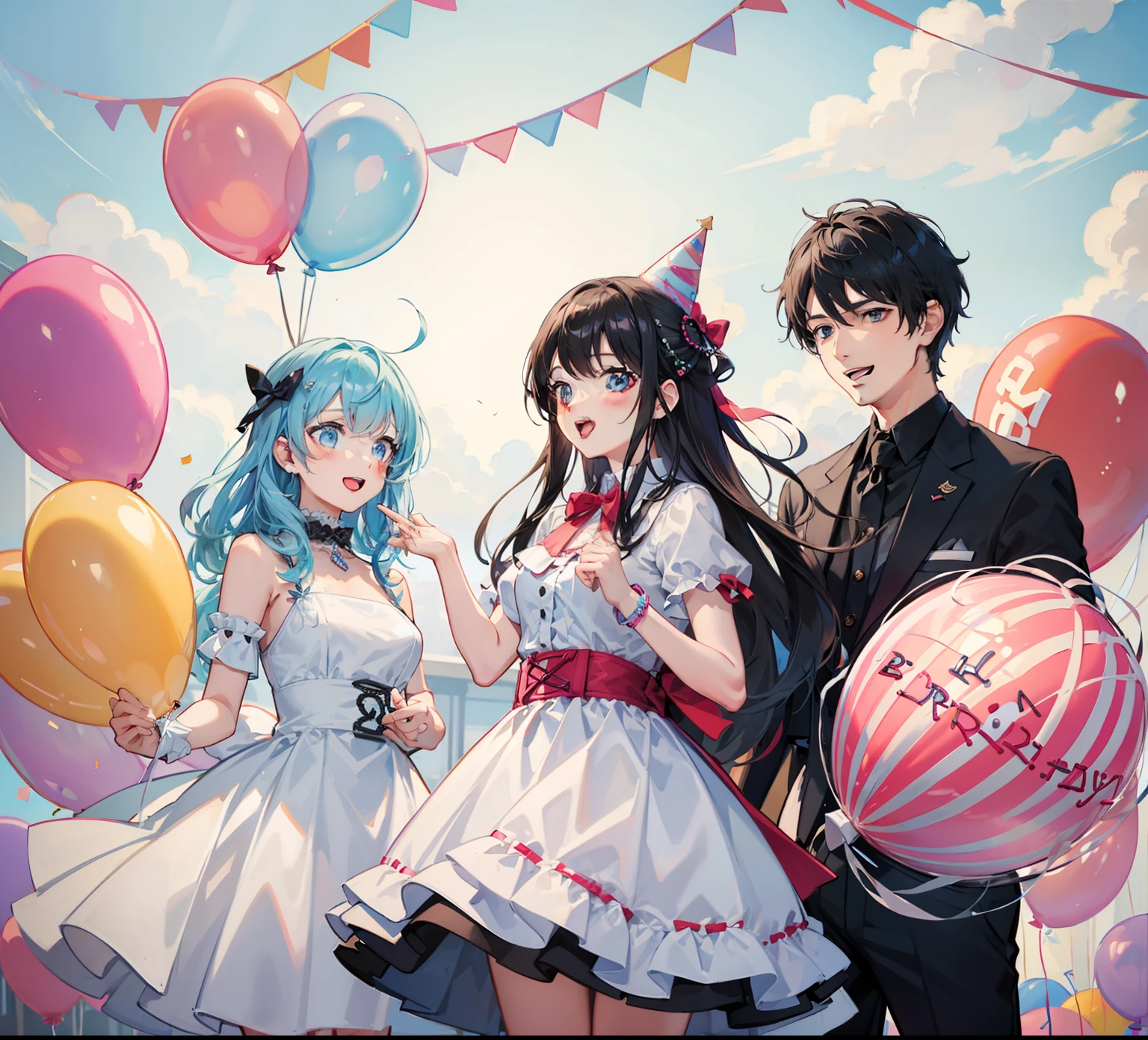 3person,1girl,2boy,birthday,birthday_party,birthday_hat,ballon,cake,birthday_cake,happy,laugh,happy_atmosphere,landscape
