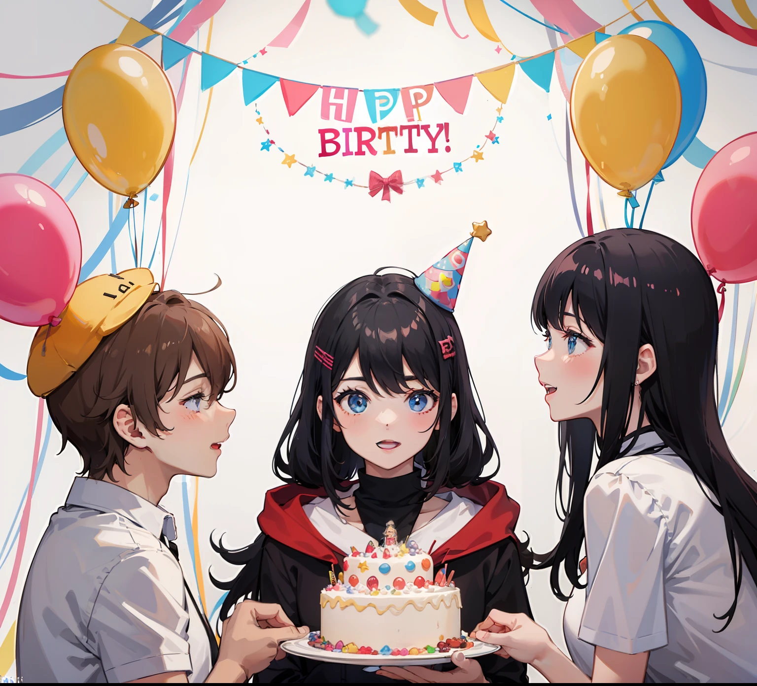 3person,1girl,2boy,birthday,birthday_party,birthday_hat,ballon,cake,birthday_cake,happy,laugh,happy_atmosphere,landscape