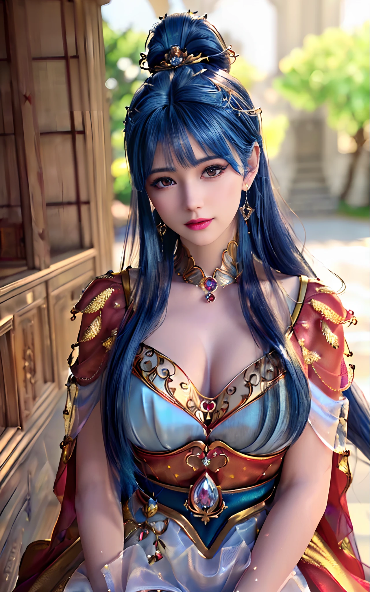 ((realisticity: 1.2)), ((best resolution: 8K UHD)), best quality,masterpiece,highres,cg,
((1 super detailed and super realistic girl)), ((very beautiful queen dazzling, super realistic, and super detailed)),((white skin, beautiful, smooth, youthful, super realistic and super detailed
)), long hair, ((super realistic and super detailed dress)), solo, ((super realistic, super beautiful, gorgeous and super detailed jewelry)), ((super beautiful, super realistic and super detailed dark red and golden yellow dress)),
((super beautiful, super realistic, super detailed diamond filled earrings)),
((super beautiful, super realistic and super detailed diamond filled hair ornament)), ((super beautiful upper body, super beautiful, super realistic and super detailed)), ((big breasts: 2.5)),
((super grand, super realistic and super detailed royal palace backgroun))
((super beautiful, super beautiful, super realistic and super detailed hair bun)), ((super beautiful, super realistic and super detailed blue hair)),
candid, Photograph, high resolution, 8k,Bokeh,