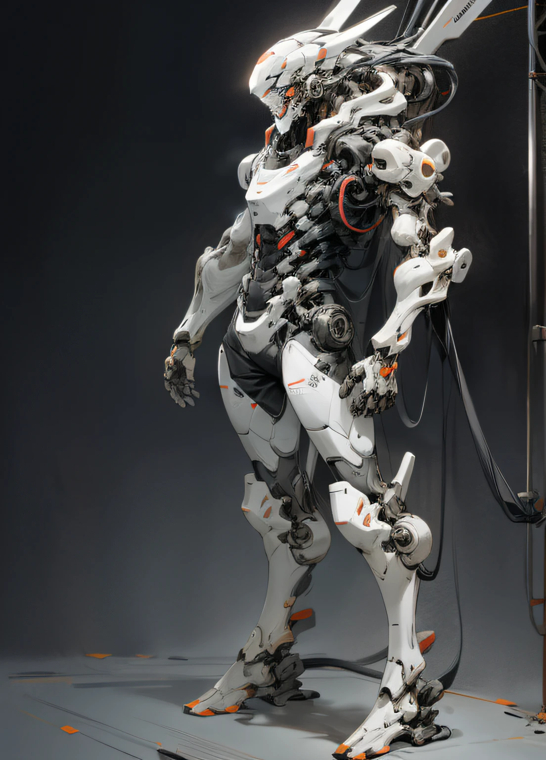 Reinforced exoskeleton, full body view, frontal view, facing forward