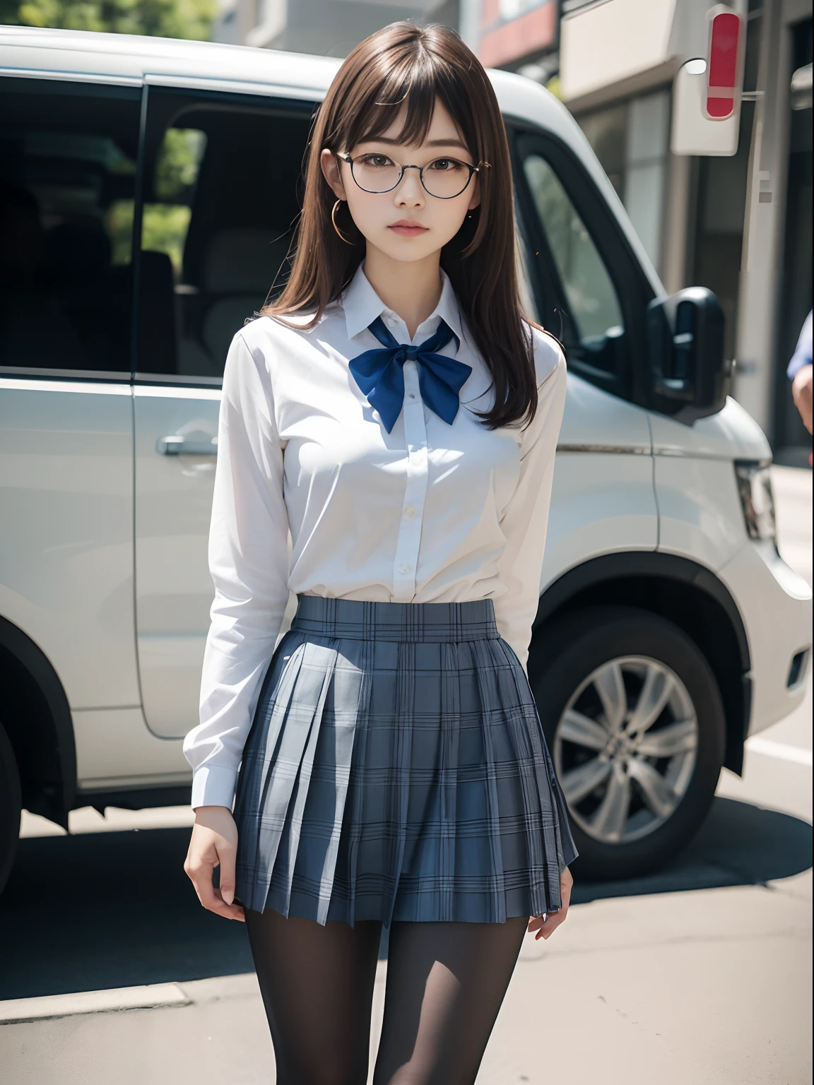 (8K、Raw photography、top-quality、masterpiece:1.2),watching at viewers,Looking at the front,side poneyTail,Bullish,Muchimuchi,Erotic,Pupils,Light Blue Bra,de pele branca,kne,(Black pantyhose),absurderes,a small face,small tits,flat breast,Parting the bangs from the middle、Forehead visible,(a cold expression,Tight eyes,glares,Bullish,skinny,Rasping,irate)、masterpiece,top-quality、超A high resolution,Raw photo,ren,Beautiful fece,One Person, 独奏,eye glass,,Dark look,Small breasts,fullllbody,Round glasses、cute little、Back to Student,JK school uniform,hi-school girl,A Japanese Lady,is standing,(Photorealsitic:1.37)、Photon mapping,Realistic、Cute little face,Brown-eyed、Black socks、(Red bow tie)、Radio City、Physically Based Rendering、Foreground、depth of fields、Blurry background、a picture,The girls、Body,beauty legs, Long legs, Thin leg,Tie your hair into one strand on your chest,(Bangs are visible), hair, s lips, Blue_The eye, nosesoft,(Light blue shirt), (Navy and blue and white plaid pleated skirt), Knees are visible,Sheer clothing,, Thigh, Black cotton socks,Nogizaka Idol, 女優, Japanese ido