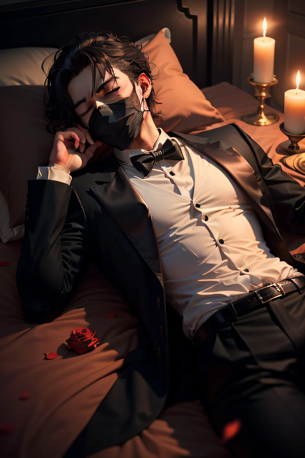 dead man on his bed with eyes closed in black tuxedo and black mask covering his face and red rose in his left pocket dark room with candlelight and rose petals over his body