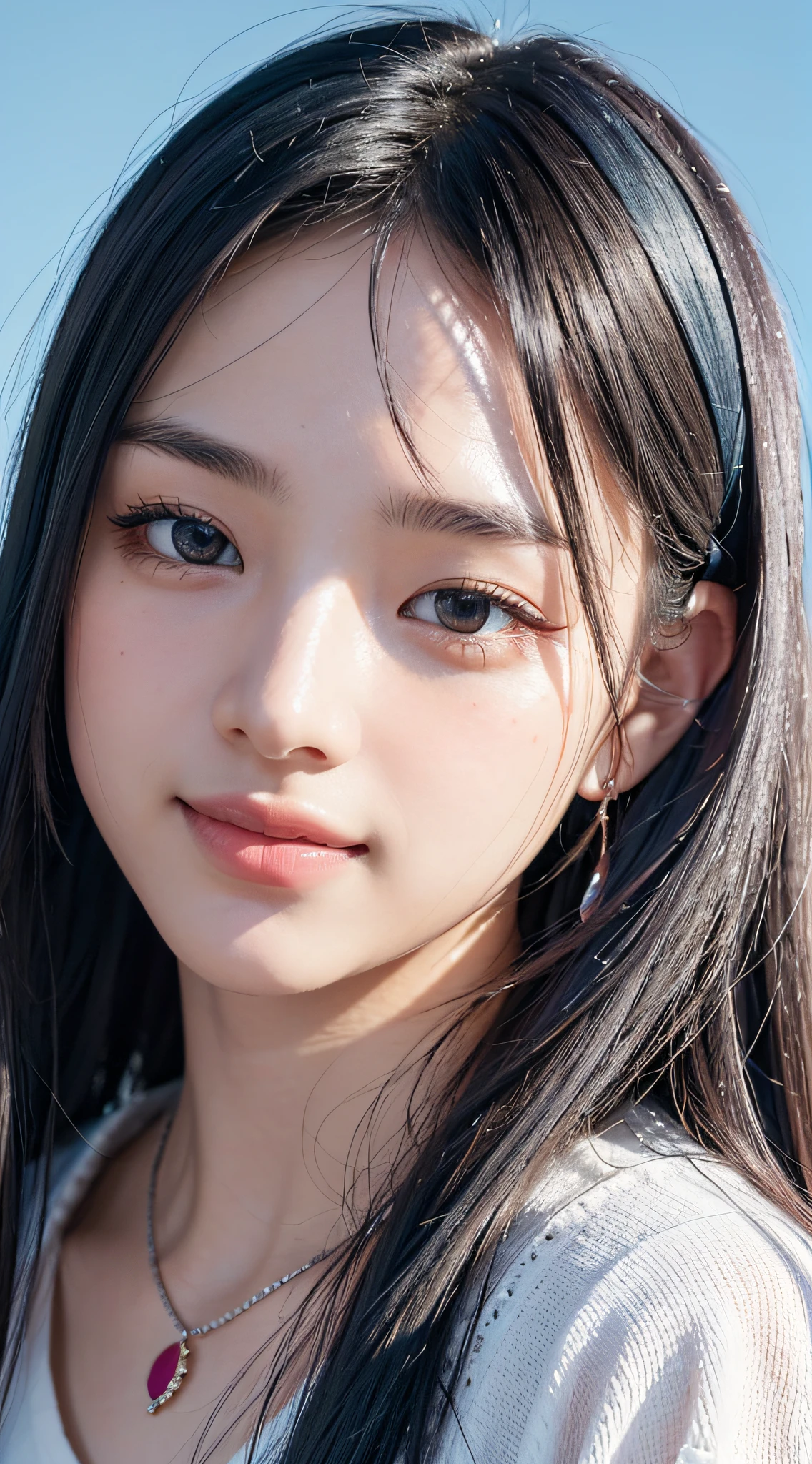 (a closeup:1.6), masterpiece, top-quality, 8K, absurderes, beautiful a girl, Clean face, looking at the viewers, a smile, Ruby Earrings, ruby necklace, , cute little, (Glitter and smoky red eyeshadow and glitter, glazed pinkish red lips:0.8), A hyper-realistic, hight resolution, a picture, film grains, chromatic abberation, foco nítido, HDR, face lights, Dynamic lighting, 电影灯光, Professional Shadows, simple background, (Dull blue background:1.3)、highestdetailed、Extreme details、ultra-detailliert、detaile、authentic skin、delicated facial features、detailed faces and eyes、Sharp pupils、Realistic pupils、(Black eye:1.0)
